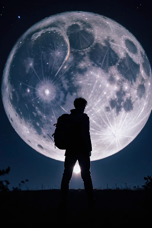 highest quality,Big moon and shadow,A silhouette of a person can be seen against the backdrop of a large moon.,There is one full moon,There is a mood,Beautiful scenery,Starry Sky