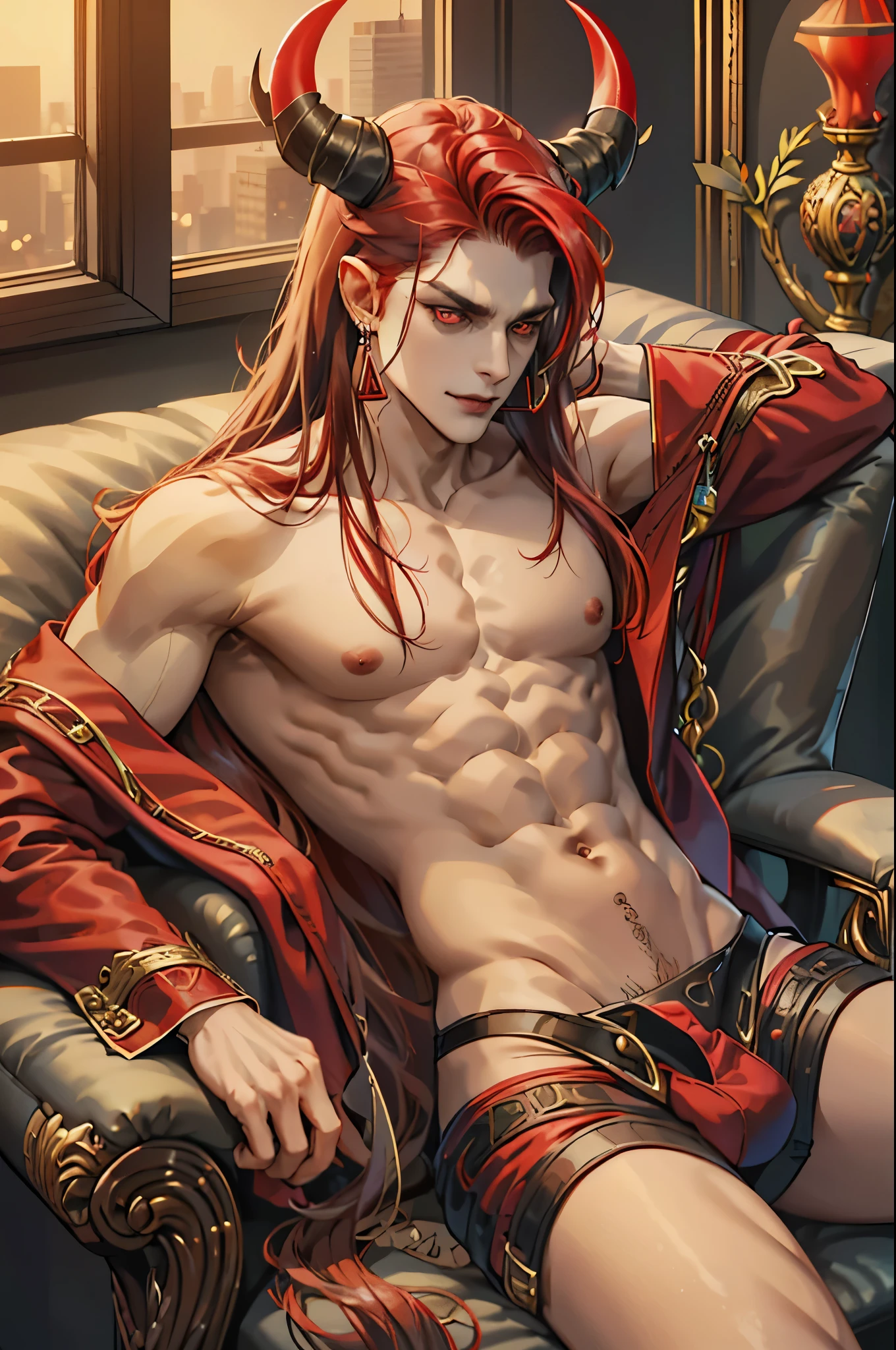 solo male, very long hair, red hair, earrings, red blazer, attractive, seductive, adult, elegant, mature, demon horns, devil horns, devil, incubus, sexy, red colour eyes, naked torso, seductive smile, big bulge, hansome, gentle, sensual, inviting