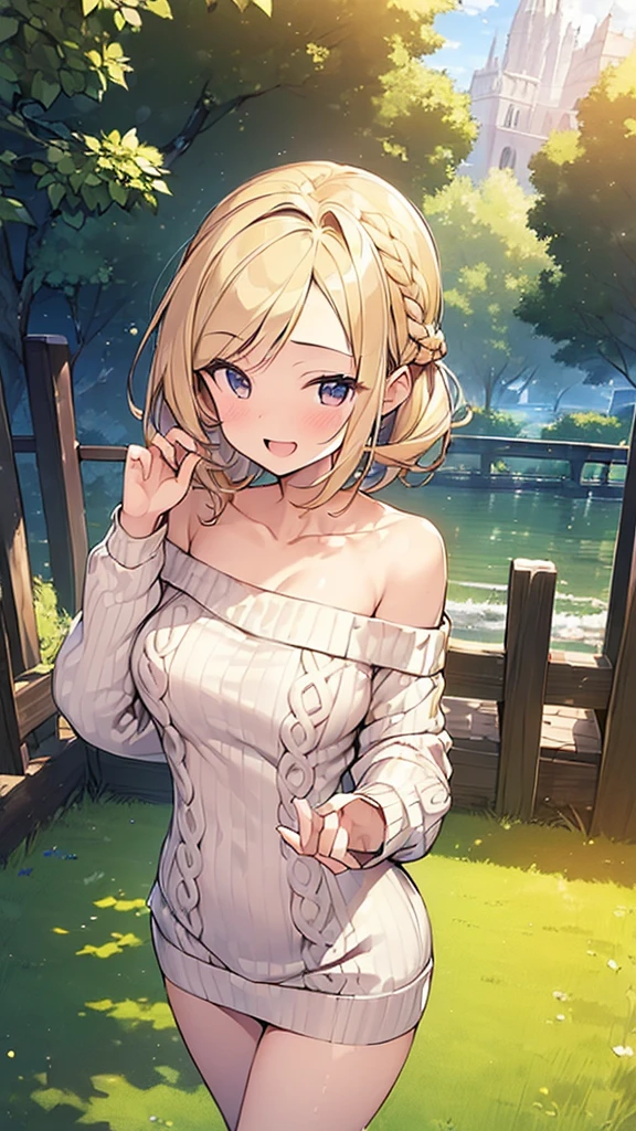 (Masterpiece, Top quality: 1.5), (Hip Length sweater:1.4),(off shoulder:1.3) ,walking, 1 beautiful girl, solo, blond hair, Braided hair, medium hair, wave hair, (15 year old:1.2), big breasts, standard weight, smile:1.2, blush:1.4, open mouth, dynamic pose, beautiful scene, magnificent panorama view