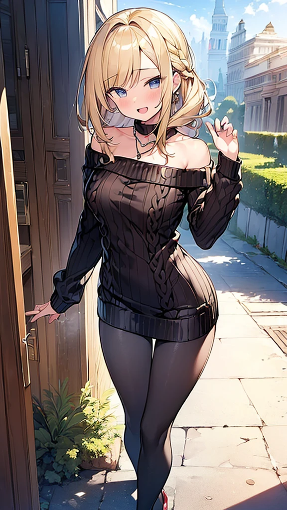 (Masterpiece, Top quality: 1.5), (Hip Length sweater:1.4),(off shoulder:1.3) ,walking, 1 beautiful girl, solo, blond hair, Braided hair, medium hair, wave hair, (15 year old:1.2), big breasts, standard weight, smile:1.2, blush:1.4, open mouth, dynamic pose, beautiful scene, magnificent panorama view
