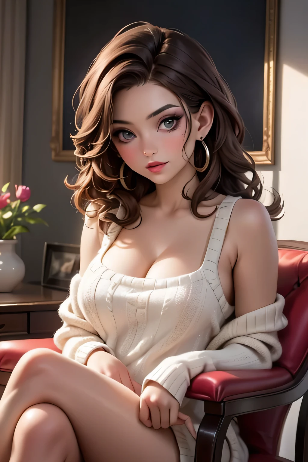 Amazing portrait of a sexy woman with a feral look in her eyes as she's sitting back in her chair with one leg crossed over the other wearing an oversized sweater that is showcasing her bare shoulders and her cleavage her brown hair is curly and messy and her makeup is elegant and sexy wearing elegant earrings and the overall atmosphere is intimate