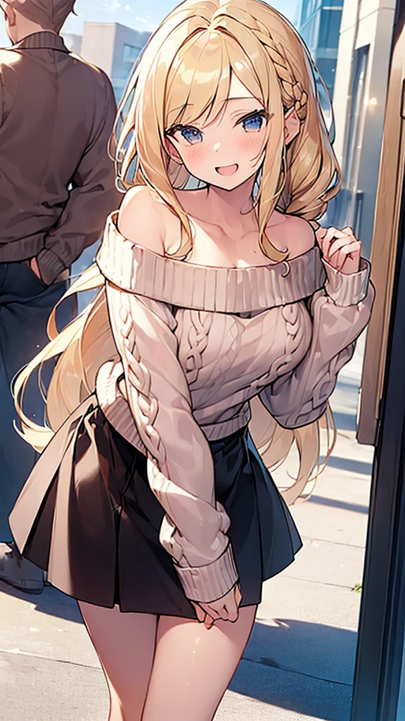 (Masterpiece, Top quality: 1.5), (Hip Length sweater:1.4),(off shoulder:1.3) ,walking, 1 beautiful girl, solo, blond hair, Braided hair, medium hair, wave hair, (15 year old:1.2), big breasts, standard weight, smile:1.2, blush:1.4, open mouth, dynamic pose, beautiful scene, magnificent panorama view