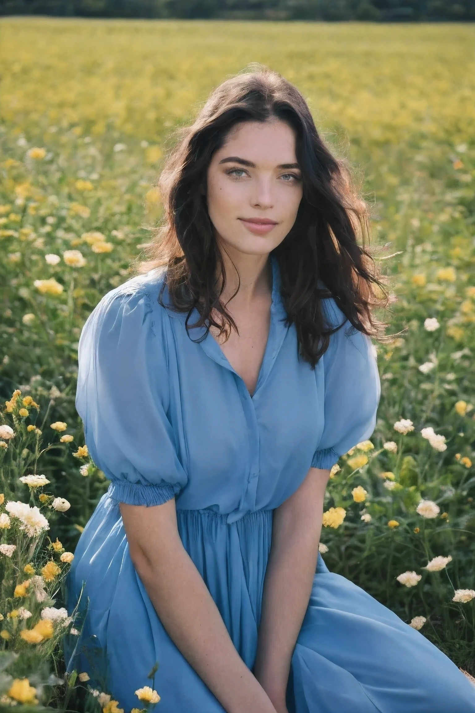 Front view, happy stunning woman with curly long dark hair, wearing blue clothes sit in a beautiful field of flower