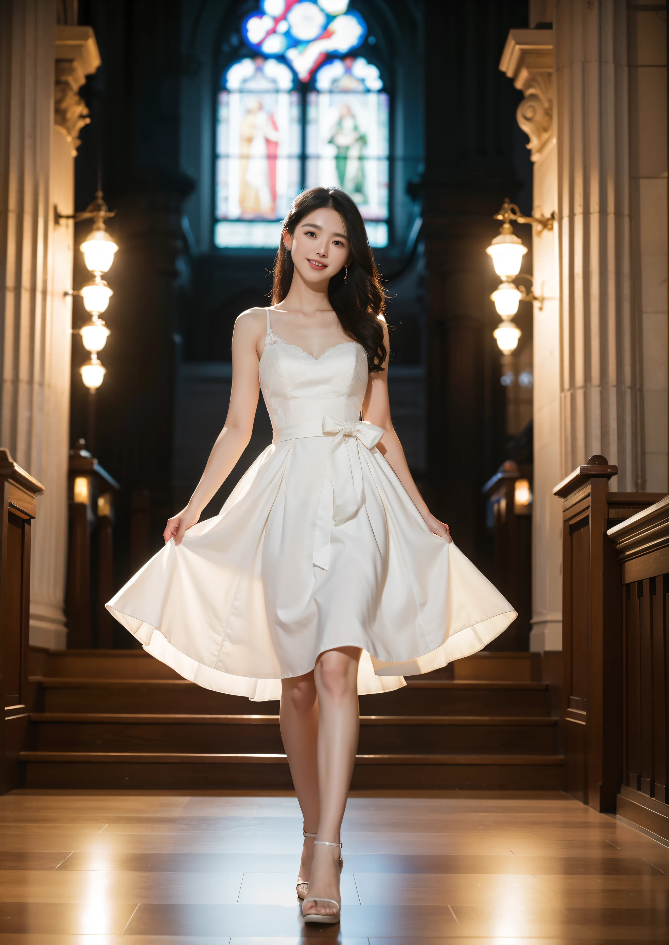 Beautiful 25 year old  woman。She is wearing a summer wedding dress. She is walking and her legs crossed and one leg is visible. She is shying and smiling on illuminated by the evening church lights . her black hair. High resolution、masterpiece、highest quality、頭w:1.0、((Hasselblad Photos))、fine skin、(movie lighting)、clavicle . full body picture.