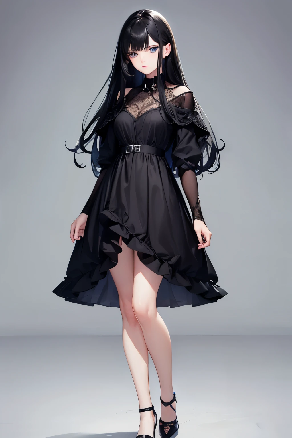 1 female, Black Hair, Blue Eyes, Delicate face, cute, Full-body portrait, Down to the shoes,Are standing,long hair,cute,Black dress,Ultra HD, masterpiece, highest quality, Super detailed, Accurate