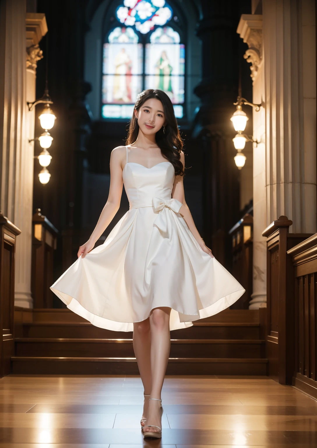 Beautiful 25 year old  woman。She is wearing a summer wedding dress. She is walking and her legs crossed and one leg is visible. She is shying and smiling on illuminated by the evening church lights . her black hair. High resolution、masterpiece、highest quality、頭w:1.0、((Hasselblad Photos))、fine skin、(movie lighting)、clavicle . full body picture.