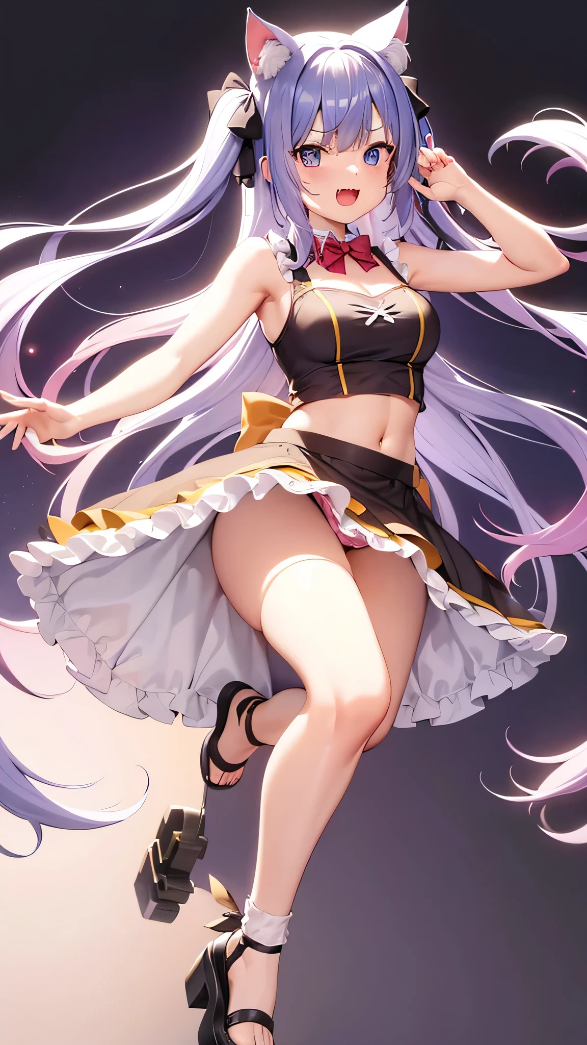 1girl, solo, blue eyes, animal ears, socks, virtual youtuber, black hair, long hair, bell, multicolored hair, smile, full body, dress, blue hair, bow, looking at viewer, cat ears, neck bell, open mouth, breasts, :d, standing, kneehighs, frills, jingle bell, red bow, white socks, sleeveless, sandals, arms at sides, brown bow, pink footwear, two-tone hair, hair between eyes, bare arms, medium breasts, asymmetrical legwear, striped socks, animal ear fluff, skirt, frilled dress, straight-on, single sock, vertical-striped clothes, sleeveless dress, navel, colored inner hair, red ribbon, bare shoulders, fang, ribbon, cat girl, cleavage, purple background, black bow, large breasts, white dress, shoes, brown bowtie, yellow dress, gradient hair, see-through, teeth, striped clothes, toeless legwear, toeless footwear, fangs, vertical-striped socks, streaked hair, toes, collar, frilled collar, mismatched legwear, bowtie, sidelocks, crop top, single kneehigh, uneven legwear, sleeveless shirt, shirt, clothing cutout, simple background, very long hair, toenails, short dress, brown dress, upper teeth only, midriff, platform footwear, slippers, eyebrows hidden by hair, feet, white shirt, white footwear, toenail polish, pink socks, brown skirt, floral print, blush, legs, :3, skin fang, heart, pigeon-toed, neck ribbon, dress bow, single thighhigh, brown footwear, cleavage cutout, no shoes, yellow skirt, frilled skirt, red bowtie, brown ribbon, orange bow, nail polish, tail, mole