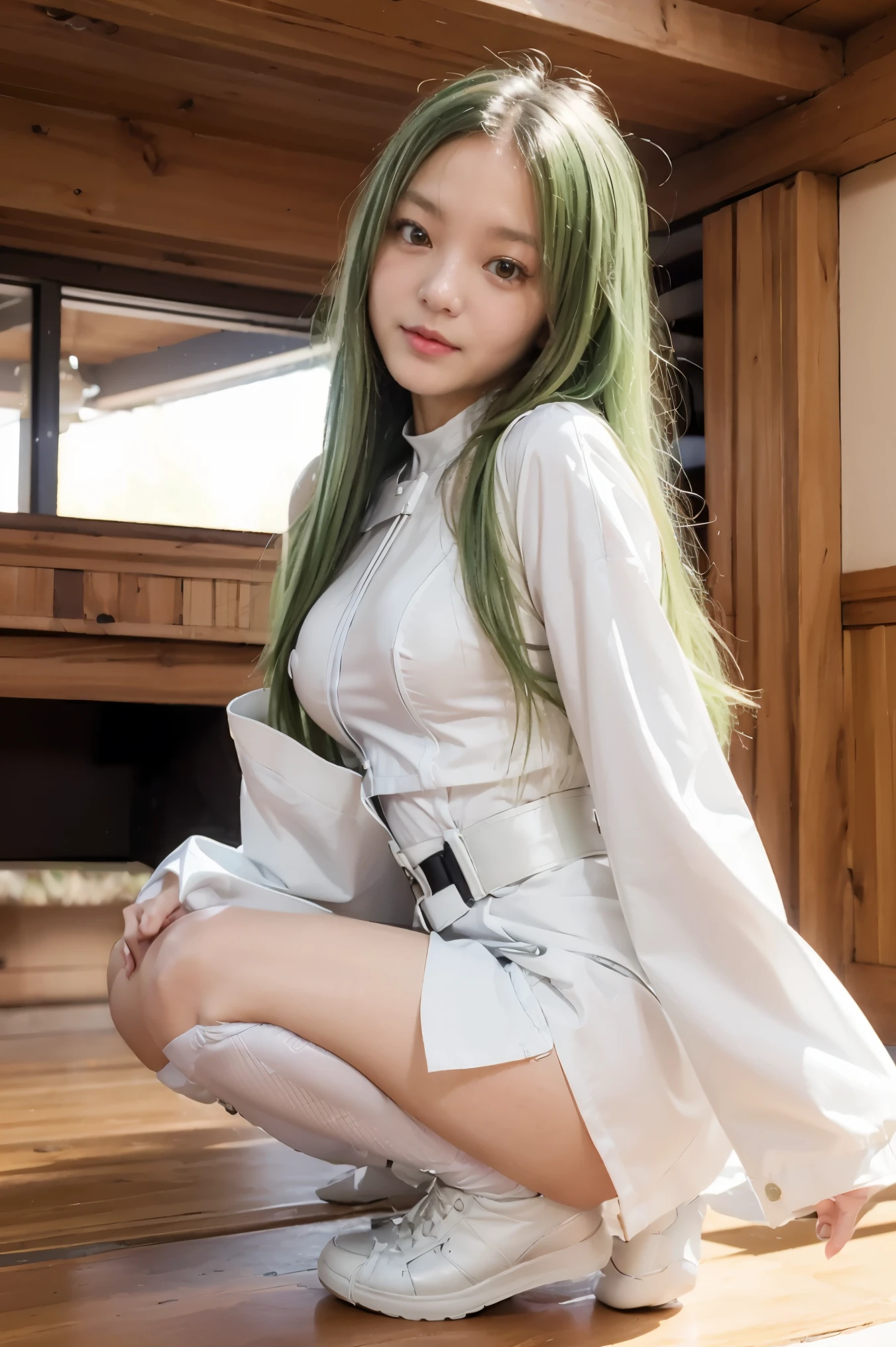 (masterpiece, best quality, detailed), 1girl, solo, looking at viewer, c.c., yellow eyes, green hair, long hair, bangs, medium breasts, straitjacket, white bodysuit, white shoes, , long sleeves, wide sleeves, white blouse, 