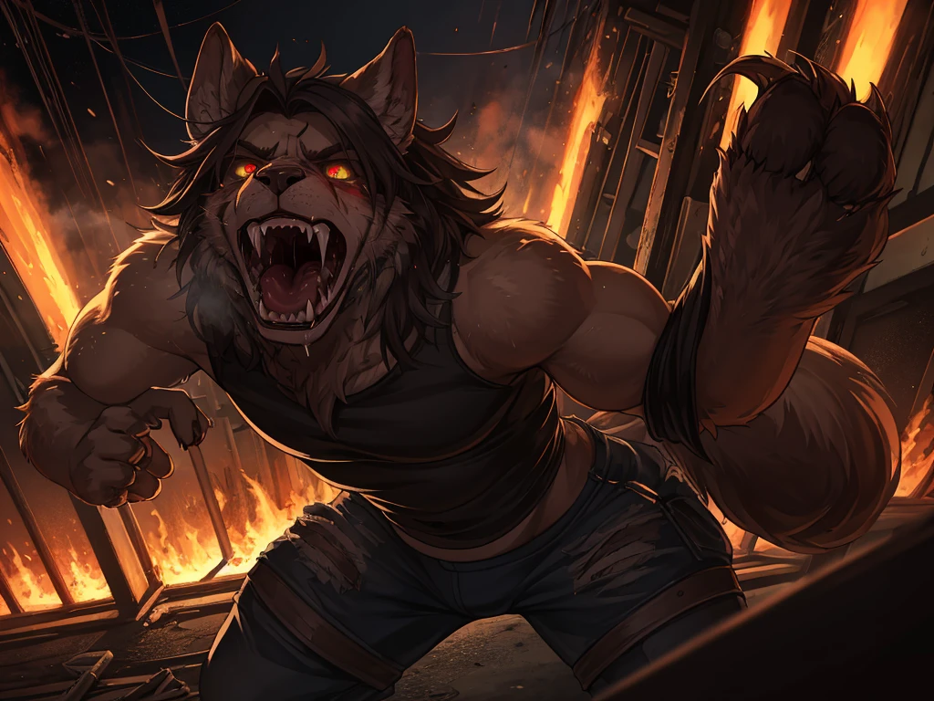 horror movie, Hallucination, flashback , Delusions of grandeur , Shocking moment , Steamy curvy body , can not stand it any longer , I can't wait to eat it , Predator's Eyes , Disheveled clothing , Baring his fangs, he attacks the viewer , fps , Long muzzle