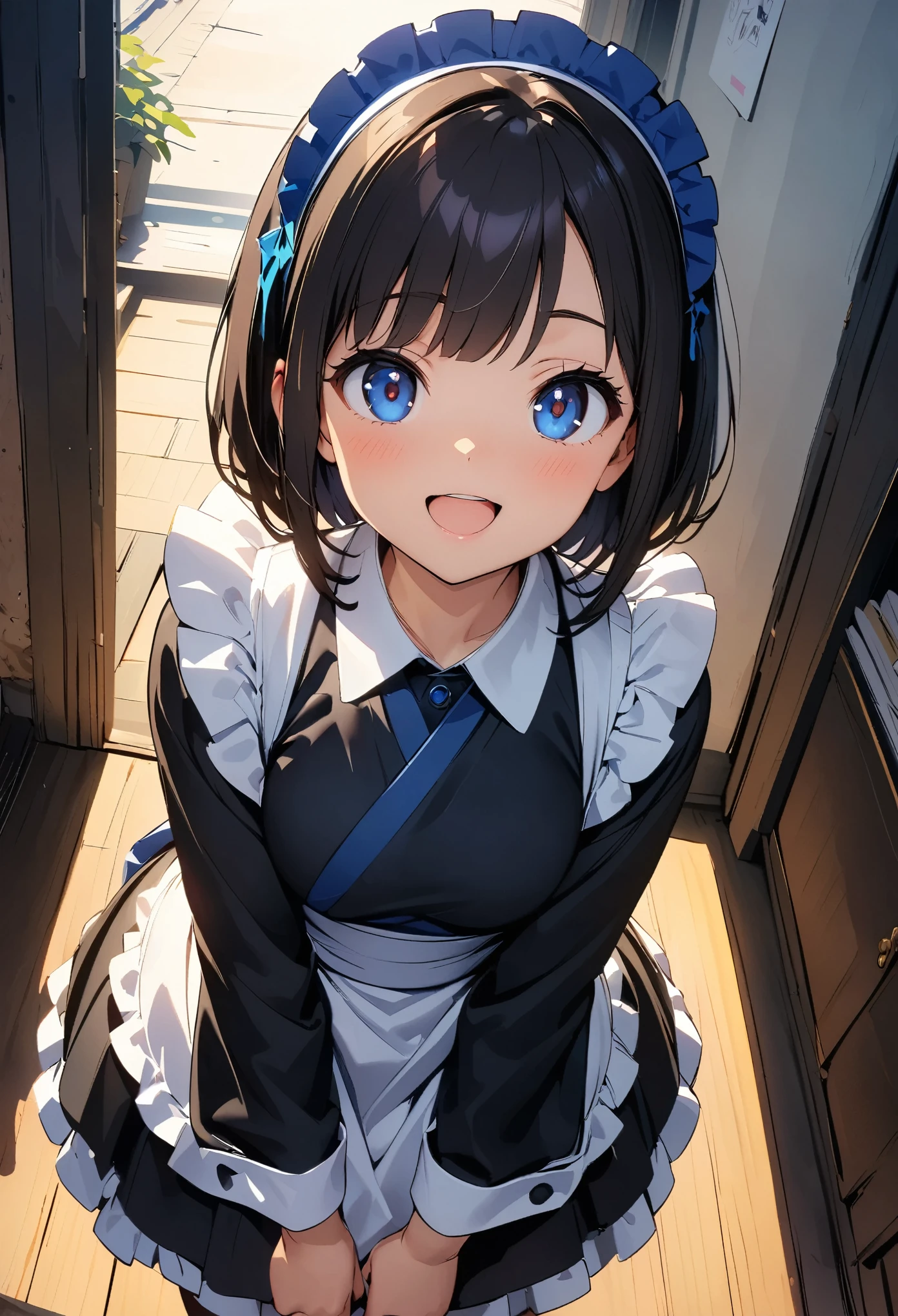 score_9, 1girl, cleavage, clothes lift, small breasts, sitting, on side, maid, maid suits, skinny, looking at viewer, parted lips, detailed eyes, shiny eyes, selfie, reaching out