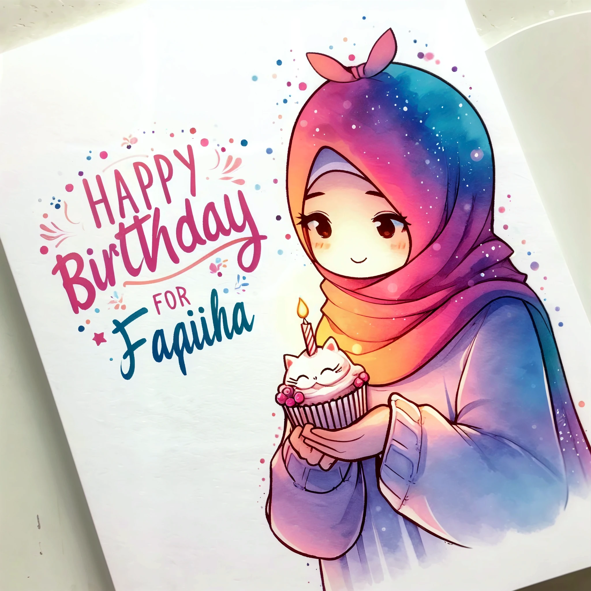 3D drawing with alcohol ink effect of an Indonesian Muslim woman, full face, beautiful, wearing a hijab, colored dress, and cream scarf, sitting gracefully and holding a cake and a bouquet of flowers outlined in gold, surrounded by a splash of colorful flowers of roses and tulips with pearl white color, and curved font "HAPPY BIRTHDAY SARAH' on the top, glossy surface. Realistic, HD