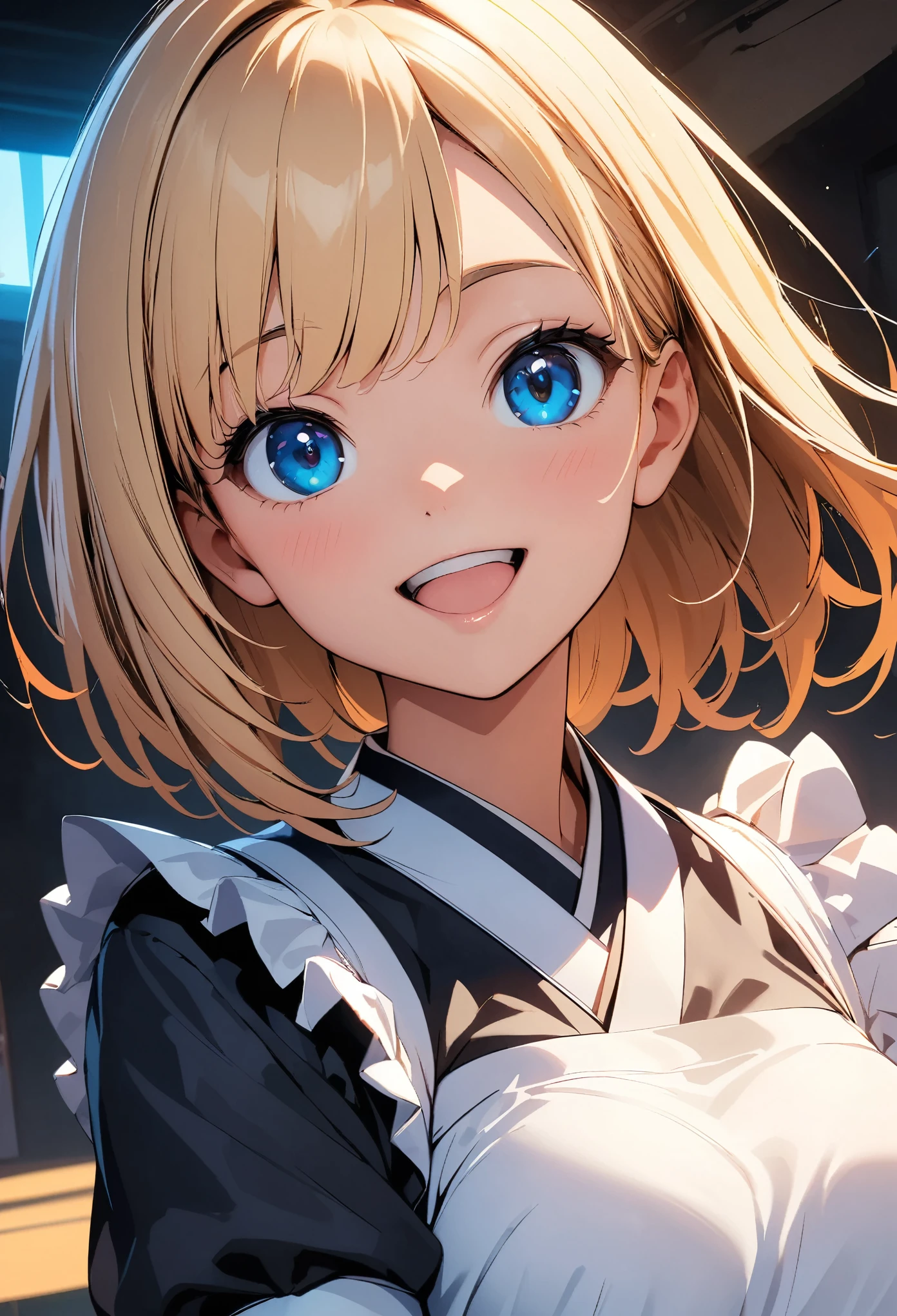 (highest quality:1.2, 4K, 8k, Studio Anime, Very detailed, up to date, Vibrant, High detail, High Contrast, masterpiece:1.2, highest quality, Best aesthetics), (((1 girl))), Stand and pose, Maid, Maid服, Japanese clothing, 和服とMaid服の見事な融合, Mini kimono, Frills, Open your mouth slightly:1.2, smile, Dynamic Angle, Looking up:1.3, Friendly atmosphere, Fun and young々Shii々Cool vibe, Precision and focus, Striking contrast,
