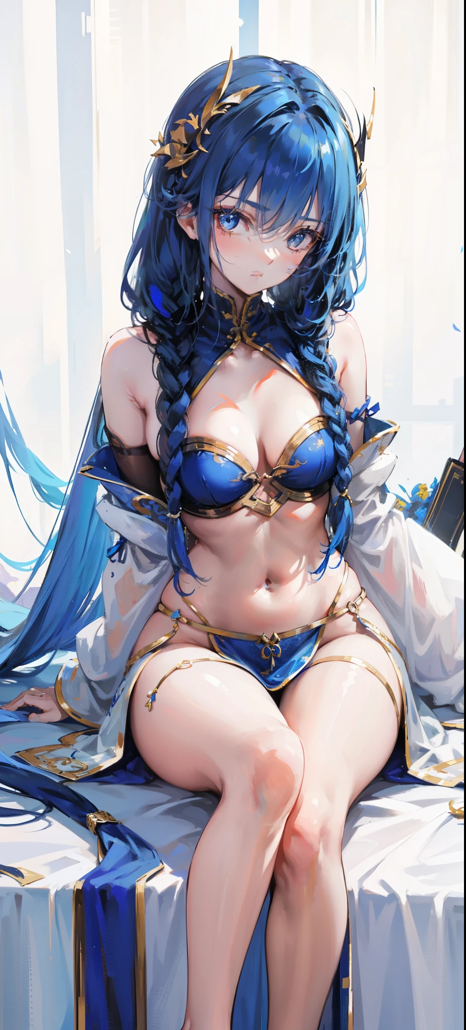 Blue long hair，Scorpion-tailed braids，Put on the clothes of the little dance of Douluo Continent，Is a beautiful and sweet girl Koser，（whole body）