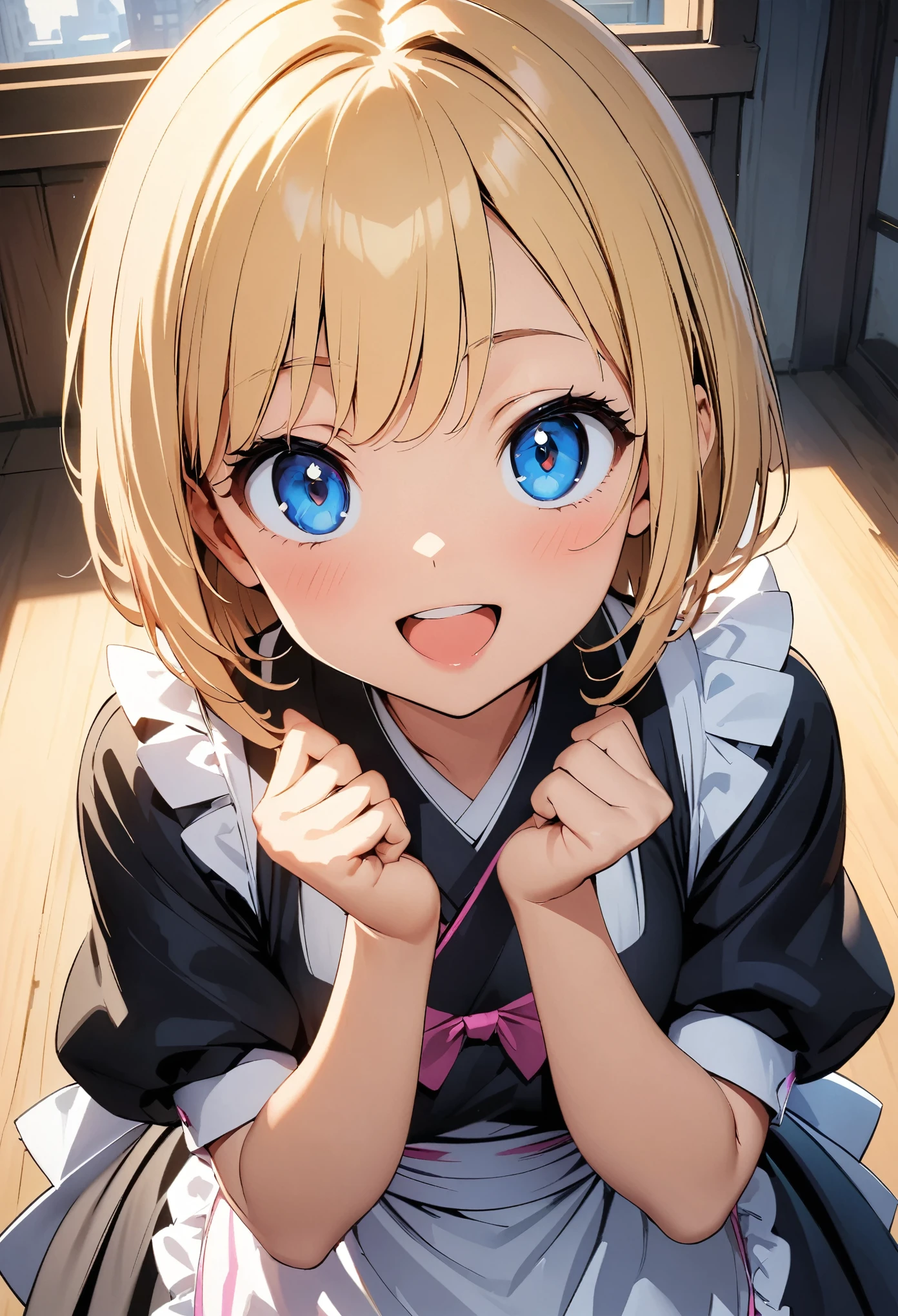 (highest quality:1.2, 4K, 8k, Studio Anime, Very detailed, up to date, Vibrant, High detail, High Contrast, masterpiece:1.2, highest quality, Best aesthetics), (((1 girl))), Stand and pose, Maid, Maid服, Japanese clothing, 和服とMaid服の見事な融合, Mini kimono, Frills, Open your mouth slightly:1.2, smile, Dynamic Angle, Looking up:1.3, Friendly atmosphere, Fun and young々Shii々Cool vibe, Precision and focus, Striking contrast,