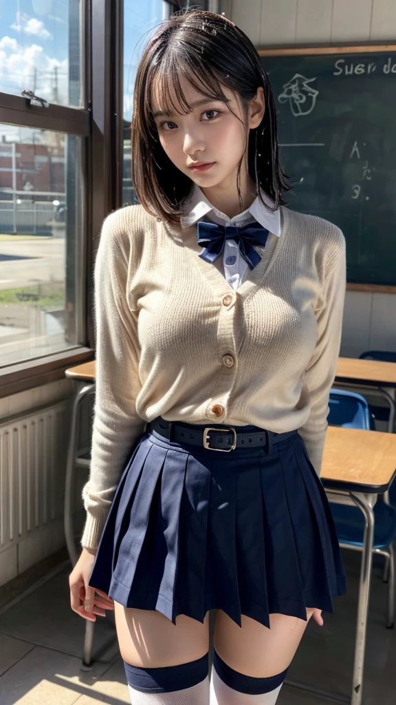 masterpiece, best quality, illustration, Super detailed, fine details, High resolution, 8K,wall paper, perfect dynamic composition,(Details High quality, realistic depiction of eyes:1.3), wading, (nup, see through, wet:1.2), High School Classroom、High school girl uniform、Cardigan、Super Short Check Uniform Skirt、Navy blue high socks、garterbelts、Colossal tits、Disturbed uniform、short bob hair, black hair color, Big Natural Color Lip, bold sexy pose, (perfect body shape), crying a little、cold gaze, Harajuku style、20 year old girl、cute type, beautiful legs, hposing Gravure Idol, Voluptuous thighs