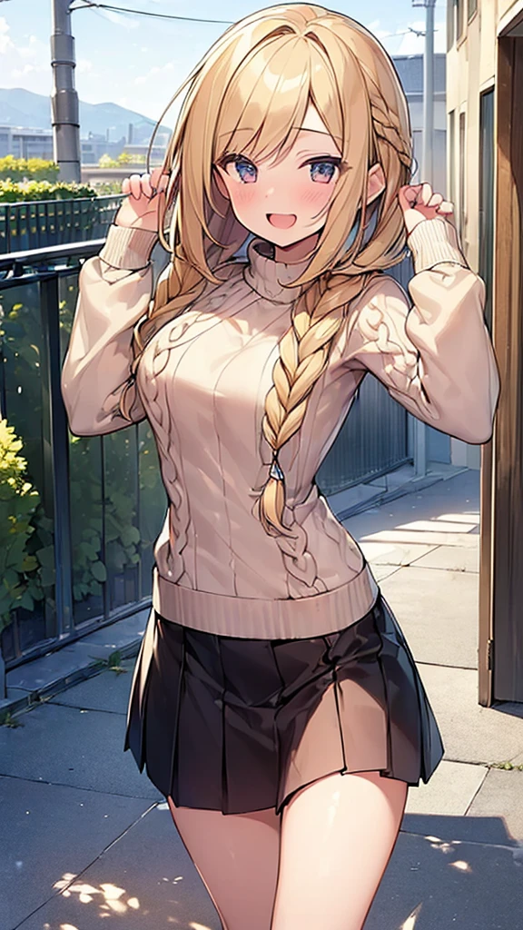 (Masterpiece, Top quality: 1.5), (Hip Length sweater:1.4) ,walking, 1 beautiful girl, solo, blond hair, Braided hair, medium hair, wave hair, (:1.2), medium breasts, standard weight, smile:1.2, blush:1.4, open mouth, dynamic pose, beautiful scene, magnificent panorama view