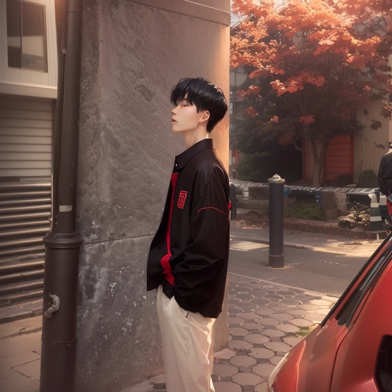 there is a man standing on the sidewalk next to a red car, kim doyoung, sideview, hyung tae, male ulzzang, profile pose, profile shot, jinyoung shin, 165 cm tall, ( side ) profile, looking sideway, taejune kim, in profile, side pose, 155 cm tall, full body profile Chinese street and building background 