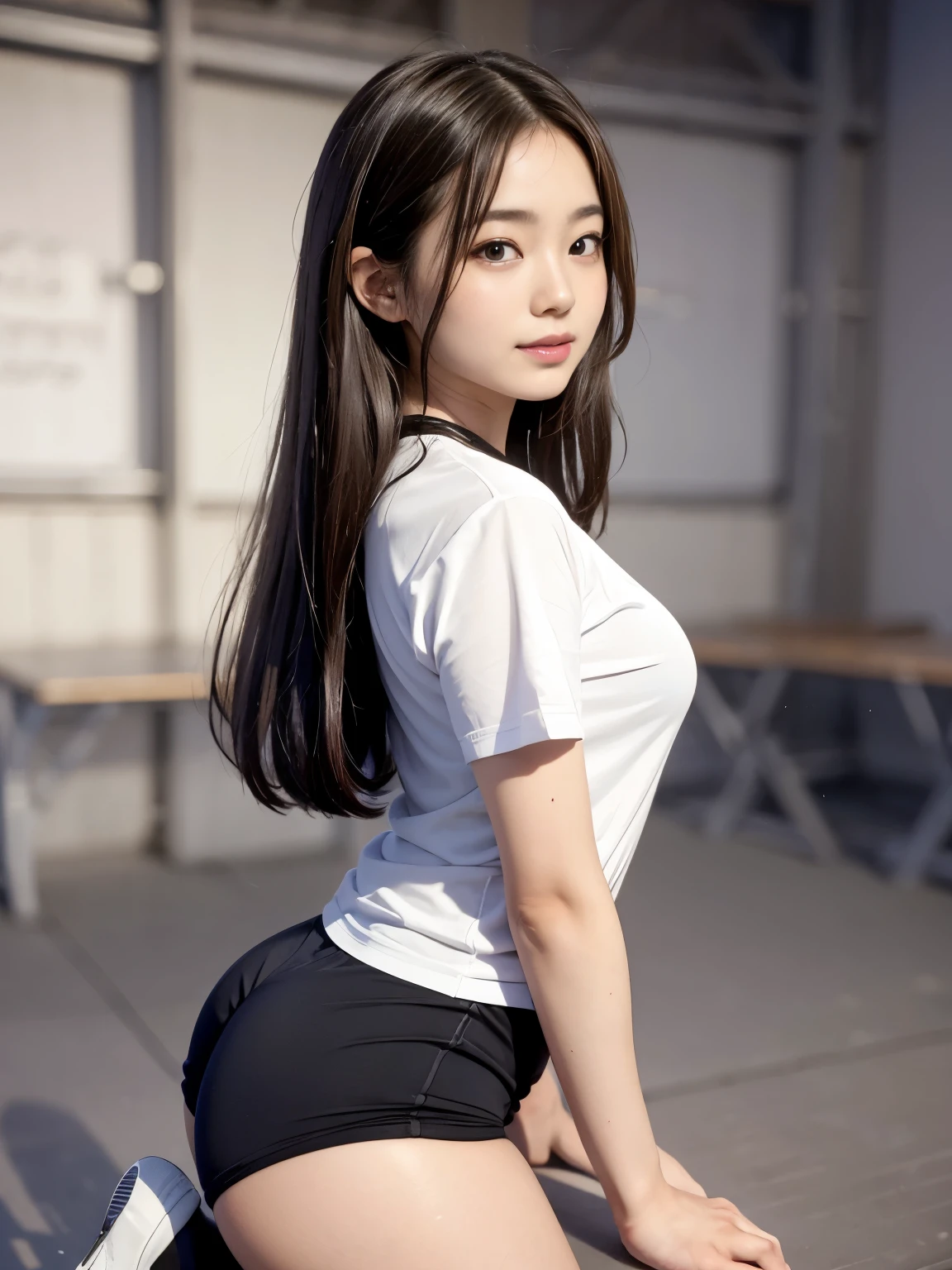 ultra highres,(reality: 1.4),highest quality, masterpiece, high detail, 16K quality, beautiful, 1 beautiful girl,japanese,super beautiful face,,japanese idol face,cute face,super detailed face,detailed hand,beautiful skin,sweaty skin,big eyes,big smile,profeccional lighting,medium hair, black hair,brown beautiful eyes, gym uniform,school gym buruma,(red buruma), white shirt, short sleeves, standing,spread legs,medium breasts,high socks,she is looking at the camera,classroom,nsfw,back shot,