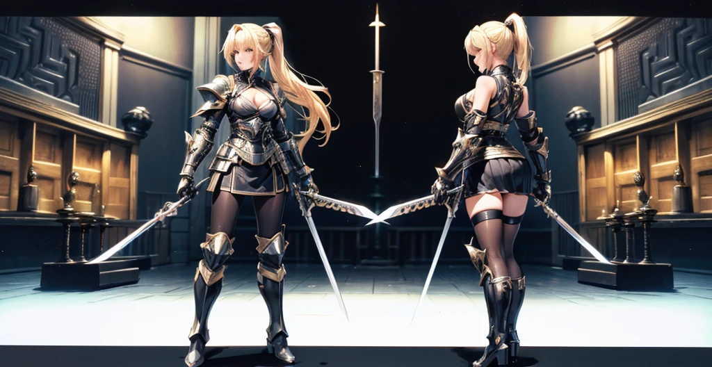 Blonde beauty,Short ponytail,Chest,cleavage,black tights,Black sci-fi armor,Long skirt,iron boots,,cross sword,maze(masterpiece, best quality, high quality, High resolution, Extremely detailed),