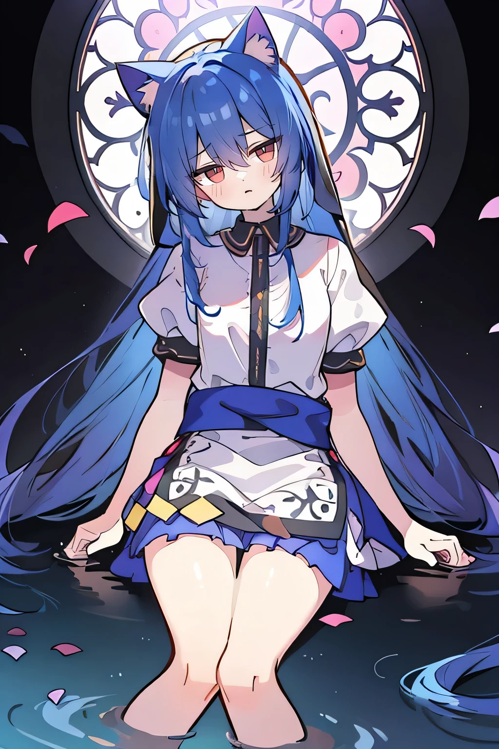 (masterpiece:1.2),Extremely detailed,Practical,expressive eyes,Fair skin,Perfect face shaping,1 Girl,
Japanese cartoons,Gorgeous blue hair, the long flowing blue hair,Floating clothes,Cat ears,Petals fall,beautiful lola,Young Angel,
Place your hands on your waist,sit elegantly on the ground,Cross your legs,Gentle and peaceful background,stately church,nun,lie on the water,Blackening,A look of disdain.