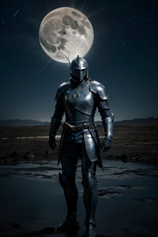 A majestic knight in shining armor stands on the surface of the moon, holding a glowing blue sword. The knight's armor is intricate and highly detailed, reflecting the moon's soft, silvery light. The moon's barren landscape is visible, with craters and a star-filled sky in the background. The Earth can be seen in the distance, partially illuminated. The scene is ethereal and otherworldly, combining elements of fantasy and science fiction."