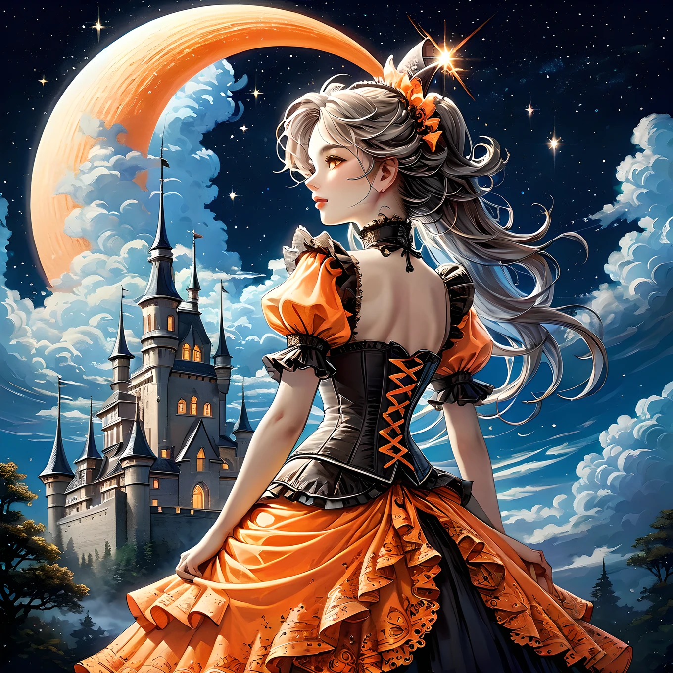 Elaborate illustration of maid with aura of loyalty, intricate detailed corset, profile, vivid contrasts, gentle touch rendering, exact detail, precision, fluffy clouds and crescent moon, single shooting star, (orange neon shooting star trails), high quality oil painting, stunning Beautiful touch rendering, Artistic clouds and moon, Fantasy, Fog around an old castle, glittering star