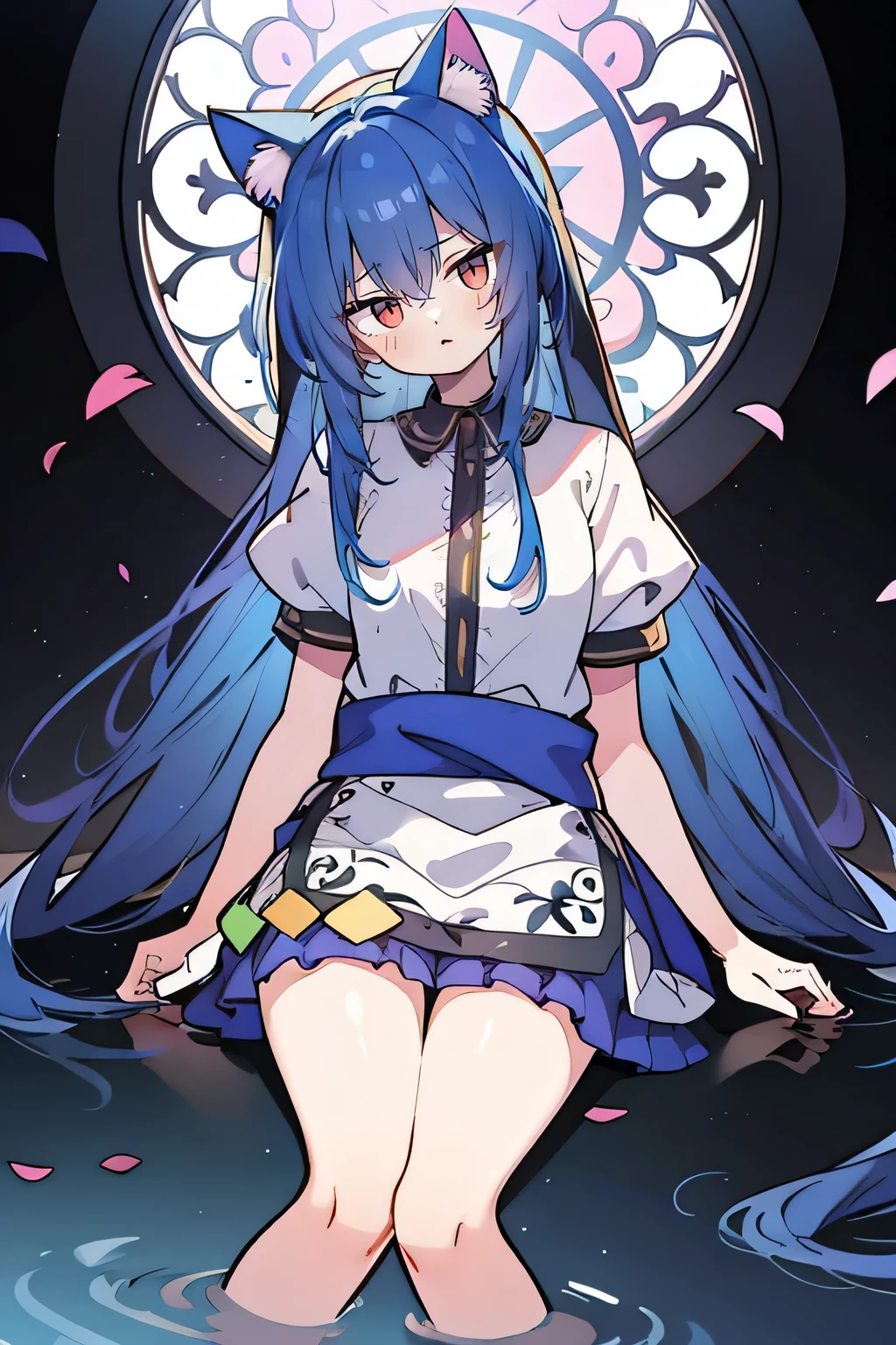 (masterpiece:1.2),Extremely detailed,Practical,expressive eyes,Fair skin,Perfect face shaping,1 Girl,
Japanese cartoons,Gorgeous blue hair, the long flowing blue hair,Floating clothes,Cat ears,Petals fall,beautiful lola,Young Angel,
Place your hands on your waist,sit elegantly on the ground,Cross your legs,Gentle and peaceful background,stately church,nun,lie on the water,Blackening,A look of disdain.