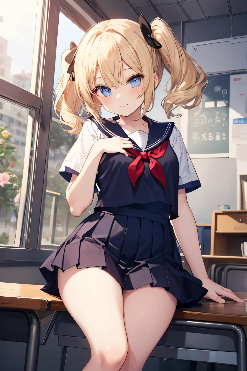 Blonde、Blue Eyes、girl、Small breasts、Twin tails、、girl、Small breasts、Lolita、Bright smile、Looks about 15 years old、Petan Musume、short、目のhighlight、Sexy thighs、School、Short-sleeved sailor suit、mini skirt、Your eyes are so beautiful、highlight