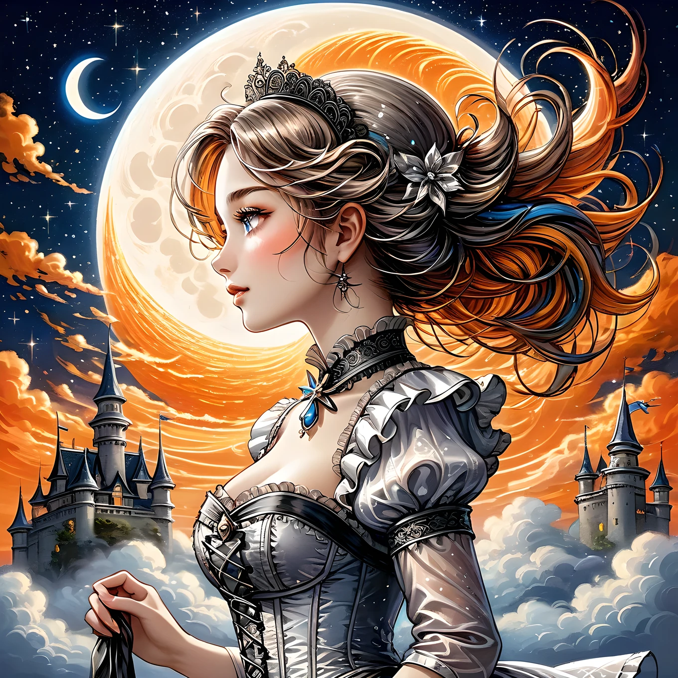 Elaborate illustration of maid with aura of loyalty, intricate detailed corset, profile, vivid contrasts, gentle touch rendering, exact detail, precision, fluffy clouds and crescent moon, single shooting star, (orange neon shooting star trails), high quality oil painting, stunning Beautiful touch rendering, Artistic clouds and moon, Fantasy, Fog around an old castle, glittering star