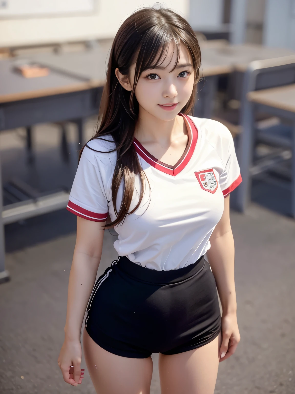 ultra highres,(reality: 1.4),highest quality, masterpiece, high detail, 16K quality, beautiful, 1 beautiful girl,japanese,super beautiful face,baby face,japanese idol face,cute face,super detailed face,detailed hand,beautiful skin,sweaty skin,big eyes,big smile,profeccional lighting,medium hair, black hair,brown beautiful eyes, gym uniform,school gym buruma,(red buruma), white shirt, short sleeves, standing,spread legs,medium breasts,high socks,she is looking at the camera,classroom,nsfw,back shot,