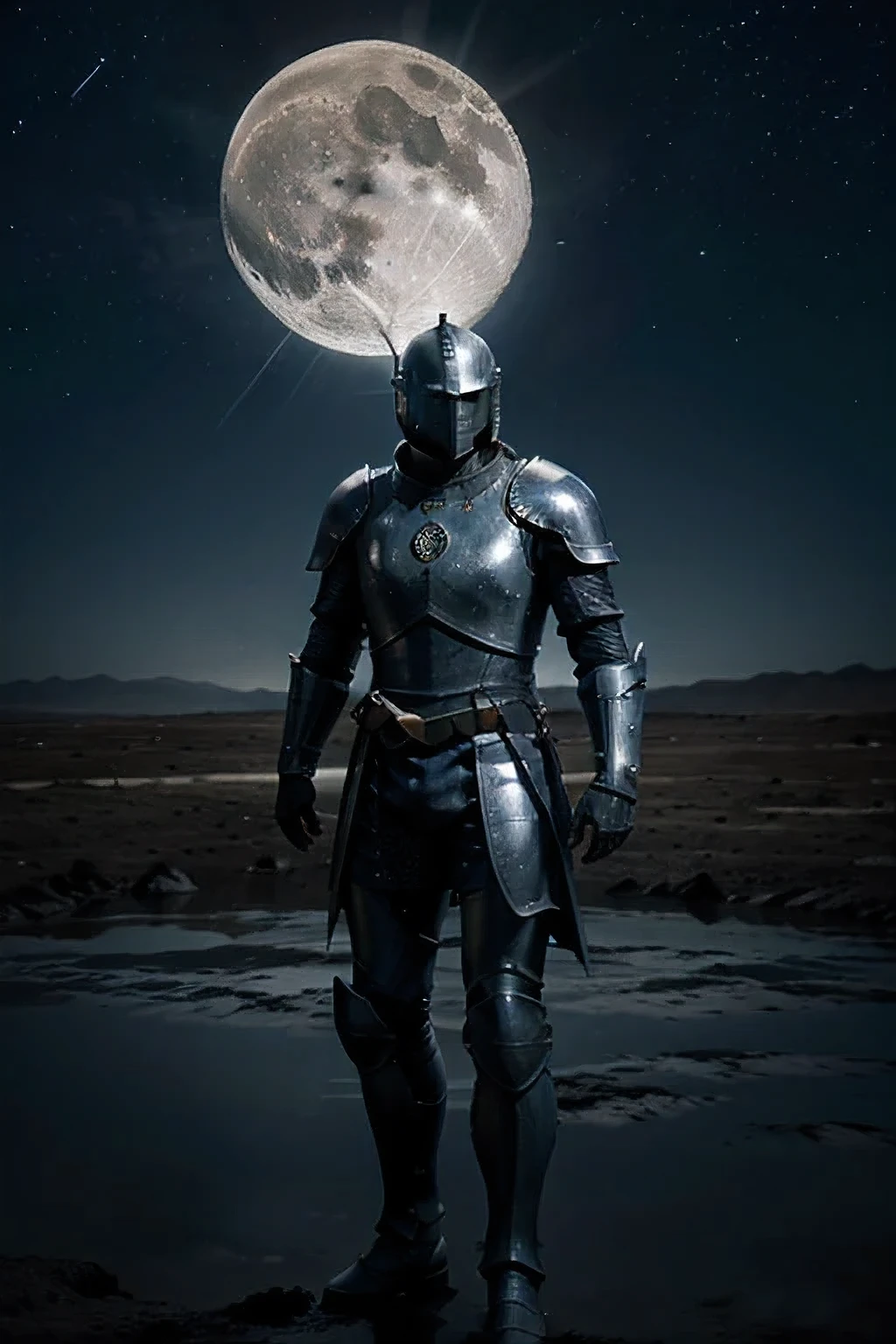 A majestic knight in shining armor stands on the surface of the moon, holding a glowing blue sword. The knight's armor is intricate and highly detailed, reflecting the moon's soft, silvery light. The moon's barren landscape is visible, with craters and a star-filled sky in the background. The Earth can be seen in the distance, partially illuminated. The scene is ethereal and otherworldly, combining elements of fantasy and science fiction."
