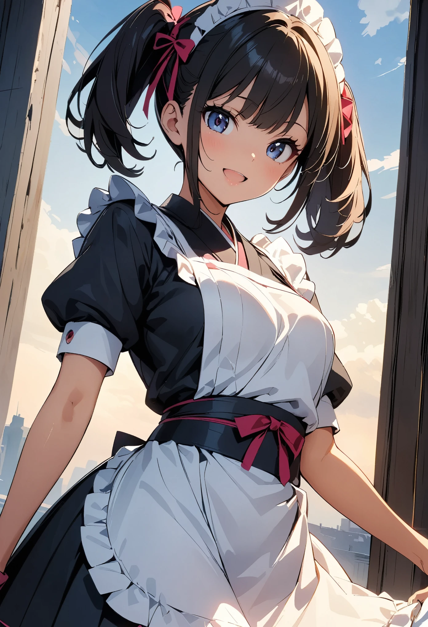 (highest quality:1.2, 4K, 8k, Studio Anime, Very detailed, up to date, Vibrant, High detail, High Contrast, masterpiece:1.2, highest quality, Best aesthetics), (((1 girl))), Stand and pose, Maid, Maid服, Japanese clothing, 和服とMaid服の見事な融合:1.2, Mini kimono, Frills, Open your mouth slightly:1.2, smile, Dynamic Angle, Low - Angle:1.3, Friendly atmosphere, Fun and young々Shii々Cool vibe, Precision and focus, Striking contrast,