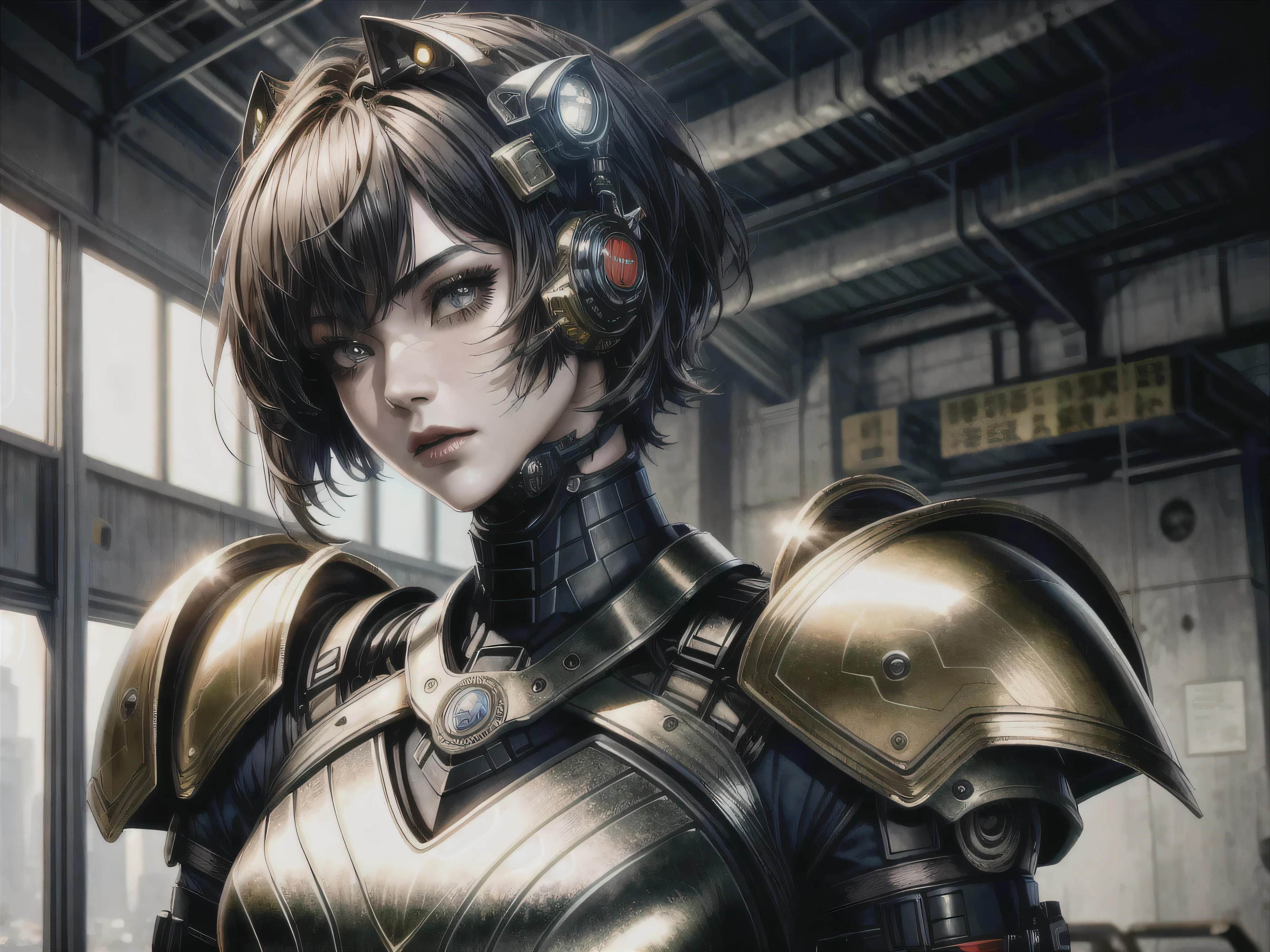 a highly detailed and intricate armored girl with a mask, short bob haircut, (best quality,4k,8k,highres,masterpiece:1.2),ultra-detailed,(realistic,photorealistic,photo-realistic:1.37),extremely detailed face and eyes,beautiful detailed eyes,beautiful detailed lips,extremely detailed facial features,intricate armor,complex machinery armor,mechanical armor suit,futuristic cyberpunk aesthetic,dynamic pose,dramatic lighting,gritty dystopian atmosphere,muted color palette,shiny metallic surfaces, cyborg cheetah