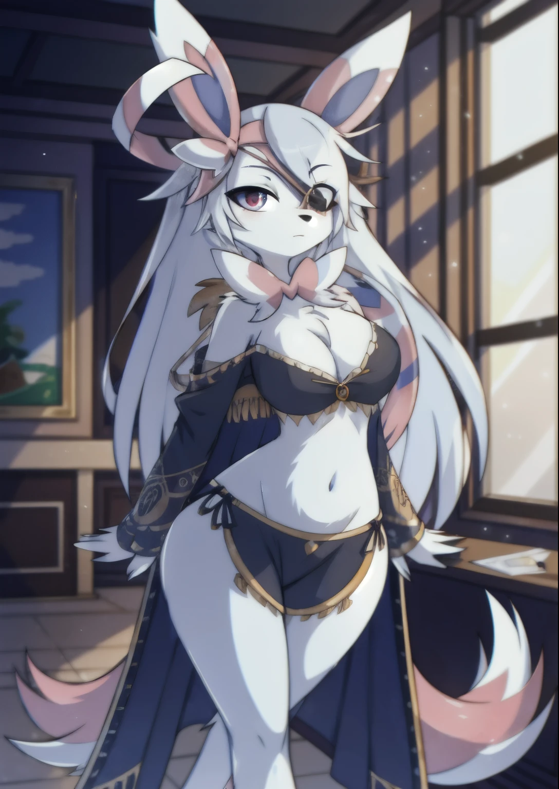 ((masterpiece, best quality)), (Pokémon), (sylveon) (furry), 4k, Detailed, Intricate Details, solo, one character, eye patch, woman with an eye patch, best quality, (female), fluffy fur, (tail), (2 ears), exposed navel, detailed breast, long flowing hair, fluffy fur around the neck, good anatomy, wide hips, wearing black poncho, looking at the viewer