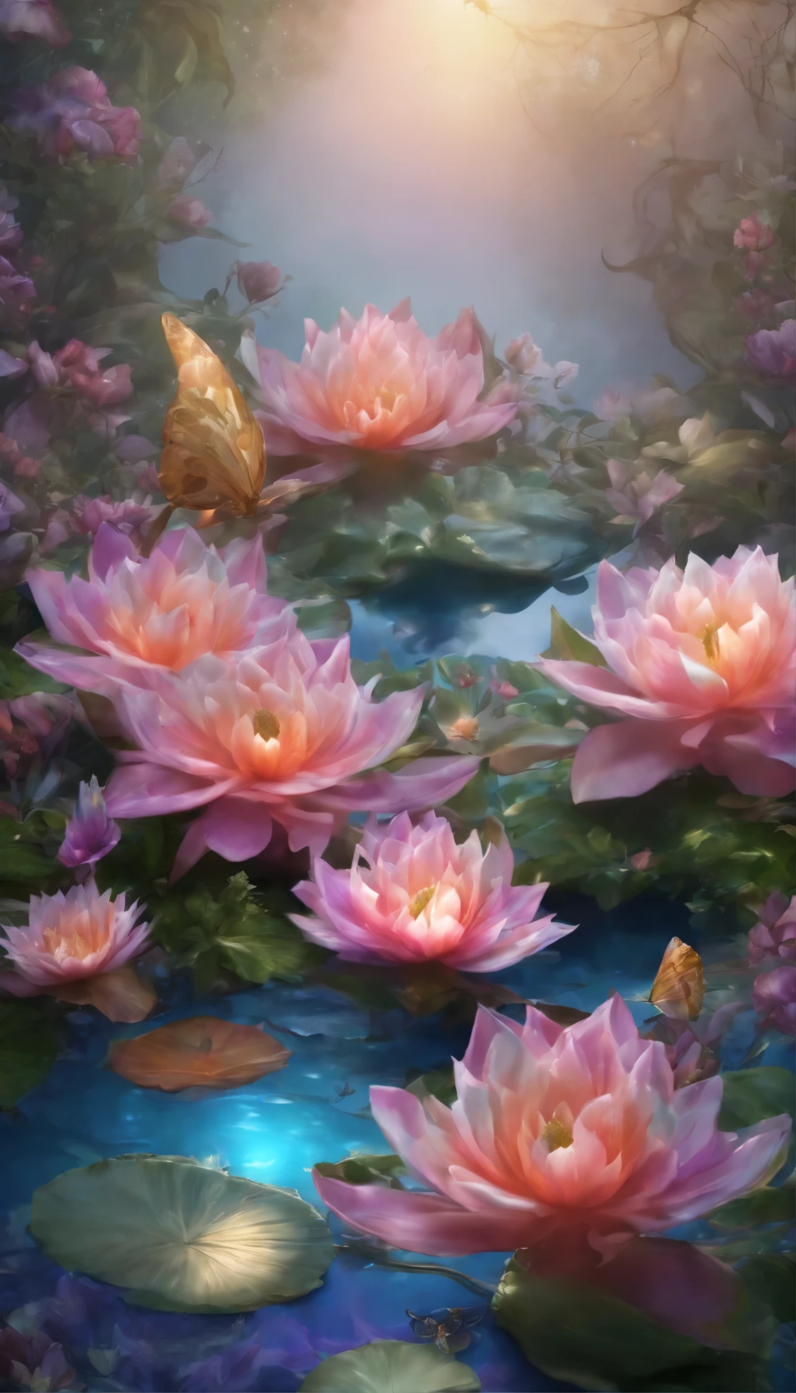 All expressed with jewels, the arrival of spring, A misty pond,Cute fairies, fantastic scenery, transparency, angles looking up from below, various jewels falling from the sky, wonderful and beautiful superb view, slightly hazy, fantastic, high resolution, 8K, (best quality, highres, realistic:1.37), shiny metallic flowers, intricate and delicate petals, reflective surfaces, vibrant colors, intricate details, close-up view, surreal garden, surreal beauty, dreamy atmosphere, fine art, abstract botanicals, metallic sculpture, contrasting textures, ethereal glow