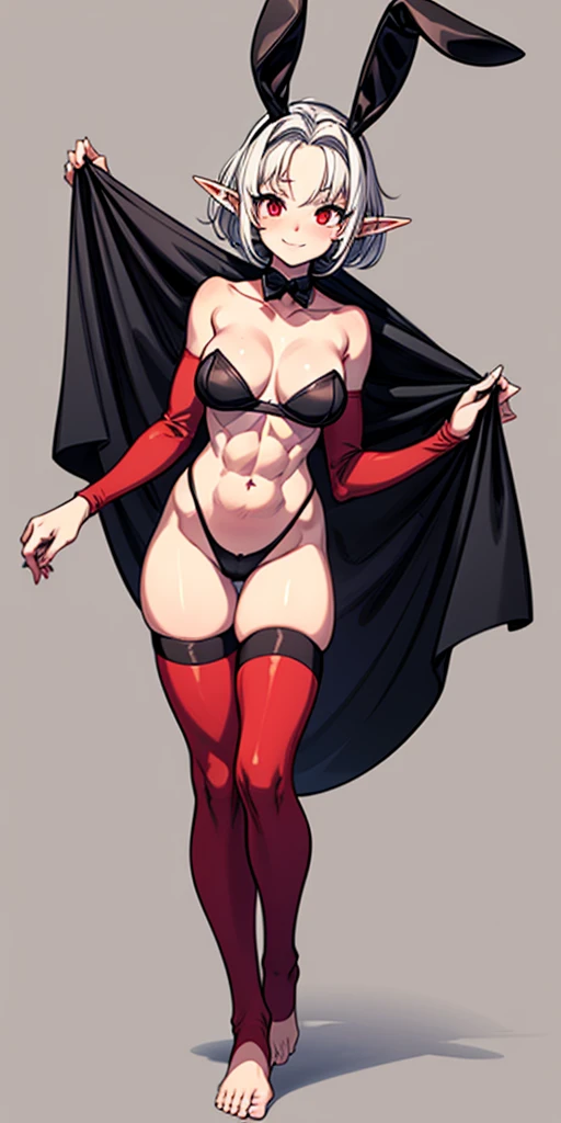 (Masterpiece, plain background:1.2) 1sologirl female full body, standing straight symmetrical barefoot barehands together looking to camera view from farther shot below angle, strong abs, red cheeks smiling, dark elf, darkest blacked elf skin, long mess white hair, red eyes, circlet, 1990s style retro game, black bunny 🐰 stockings sleeves