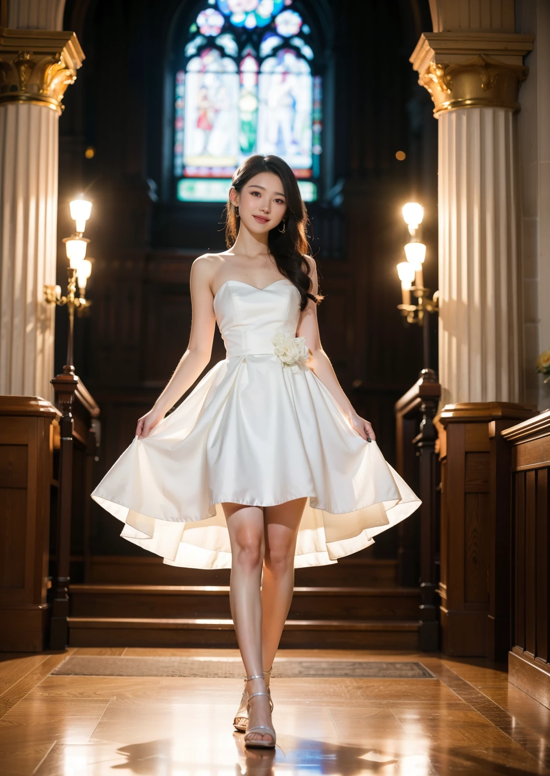 Beautiful 25 year old  woman。She is wearing a summer wedding dress. She is walking and her legs crossed and one leg is visible. She is shying and smiling on illuminated by the evening church lights . her black hair. High resolution、masterpiece、highest quality、頭w:1.0、((Hasselblad Photos))、fine skin、(movie lighting)、clavicle . full body picture.