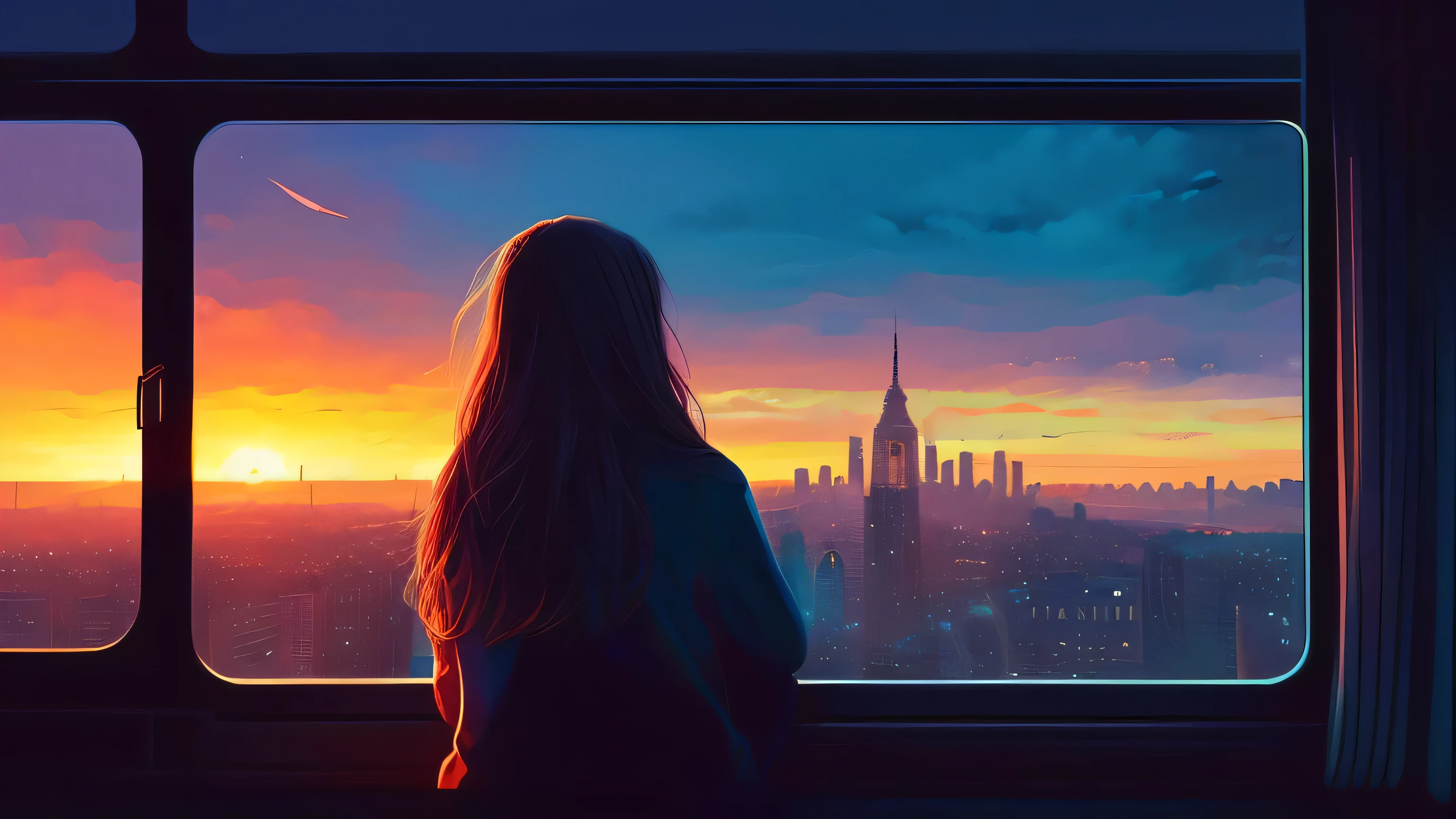 a woman sitting on a coach in front of a window cityscape, a digital painting inspired by Alena Aenami, pixiv, realism, sunrise. digital illustration, blurred and dreamy illustration, blues, blurry and dreamy illustration, artistic. lo-fi illustration style