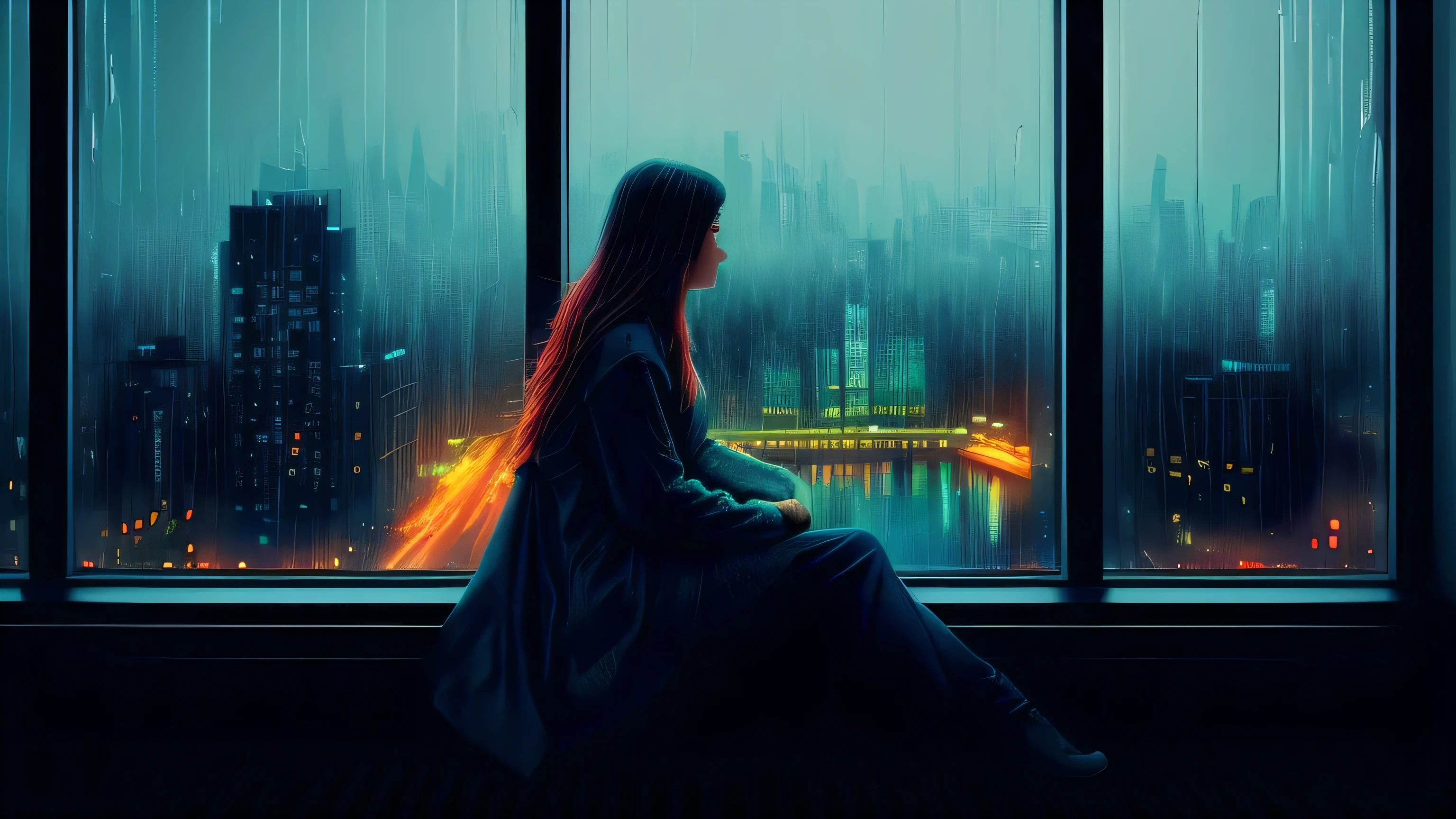 a woman sitting on a coach in front of a window cityscape, a digital painting inspired by Alena Aenami, pixiv, realism, rainy night. digital illustration, blurred and dreamy illustration, blues, blurry and dreamy illustration, artistic. lo-fi illustration style