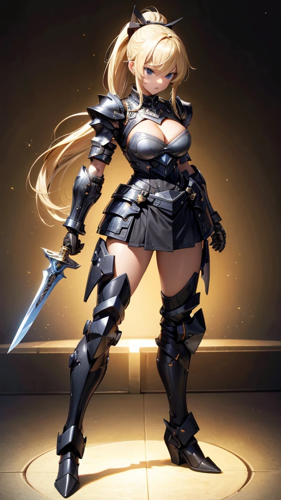 Blonde beauty，Short ponytail，Chest，cleavage，black tights，Black sci-fi armor，Long skirt，iron boots，whole body，cross sword，Standing，maze(masterpiece, best quality, high quality, High resolution, Extremely detailed),