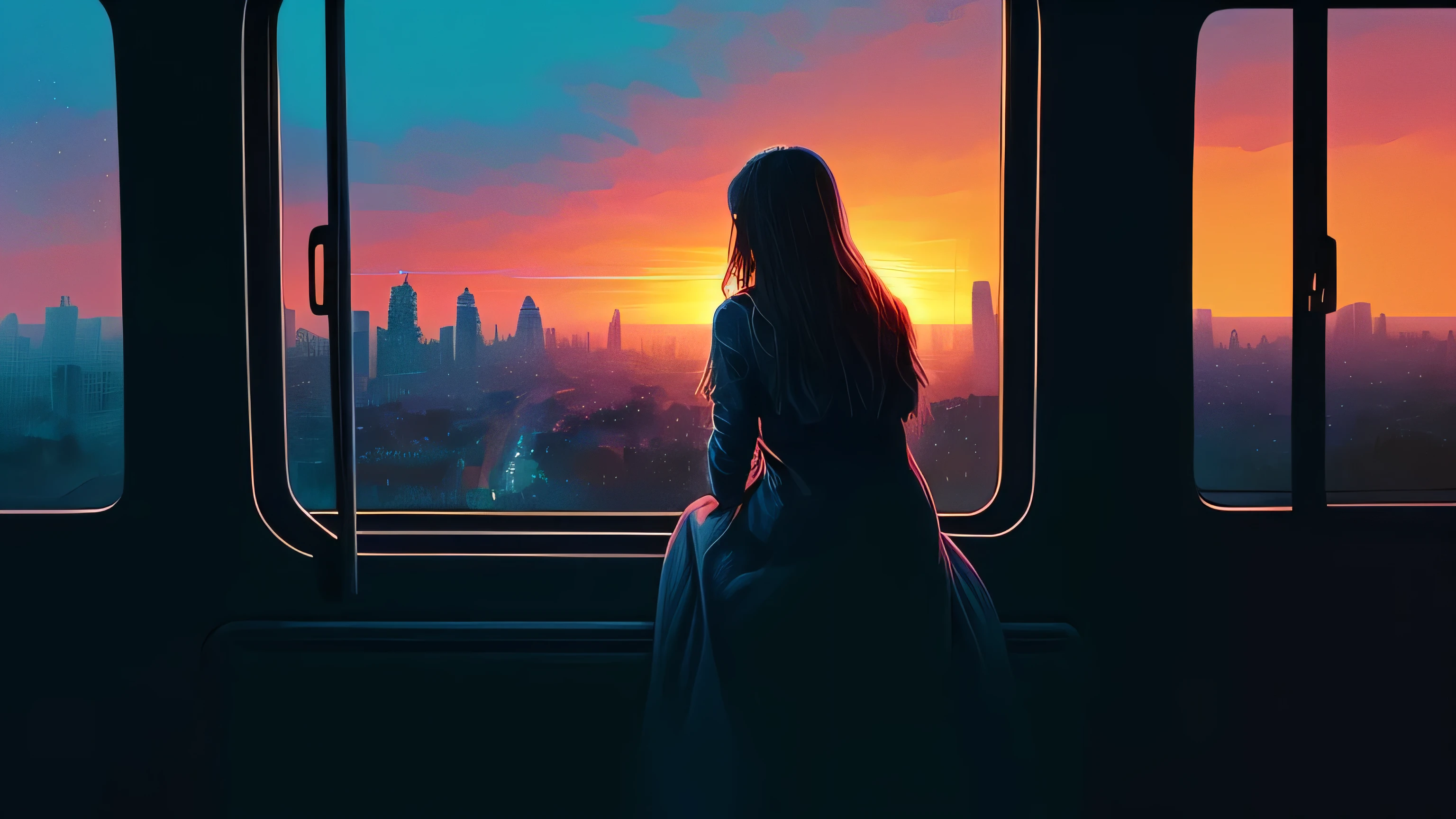 a woman sitting on a coach in front of a window cityscape, a digital painting inspired by Alena Aenami, pixiv, realism, sunrise. digital illustration, blurred and dreamy illustration, blues, blurry and dreamy illustration, artistic. lo-fi illustration style