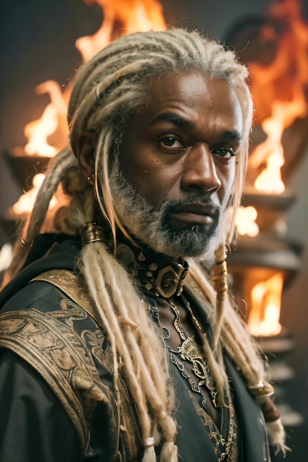 Upper body, (((Cinematic epic poster))) of Corlys Velaryon , a old Black Man, 60 years old, ((white dreadlock hair)), Gothic style, (((detailed face))), (a detailed RAW photo of a ), (master part:1.0), (best quality:1.4), (Ultra Highres:1.2), (photorealistic:1.4), 8K resolution, Canon EOS R5, 50 millimeters, Absurd, Ultra Detailed, sharp focus, Cinematic lighting, detailed face, (ULZZANG-6500-V1.1), detailed skin texture, pale skin, chest round, (pale :0.5), Cinematic lighting. (((Abstract flame background, cinematic lighting )))