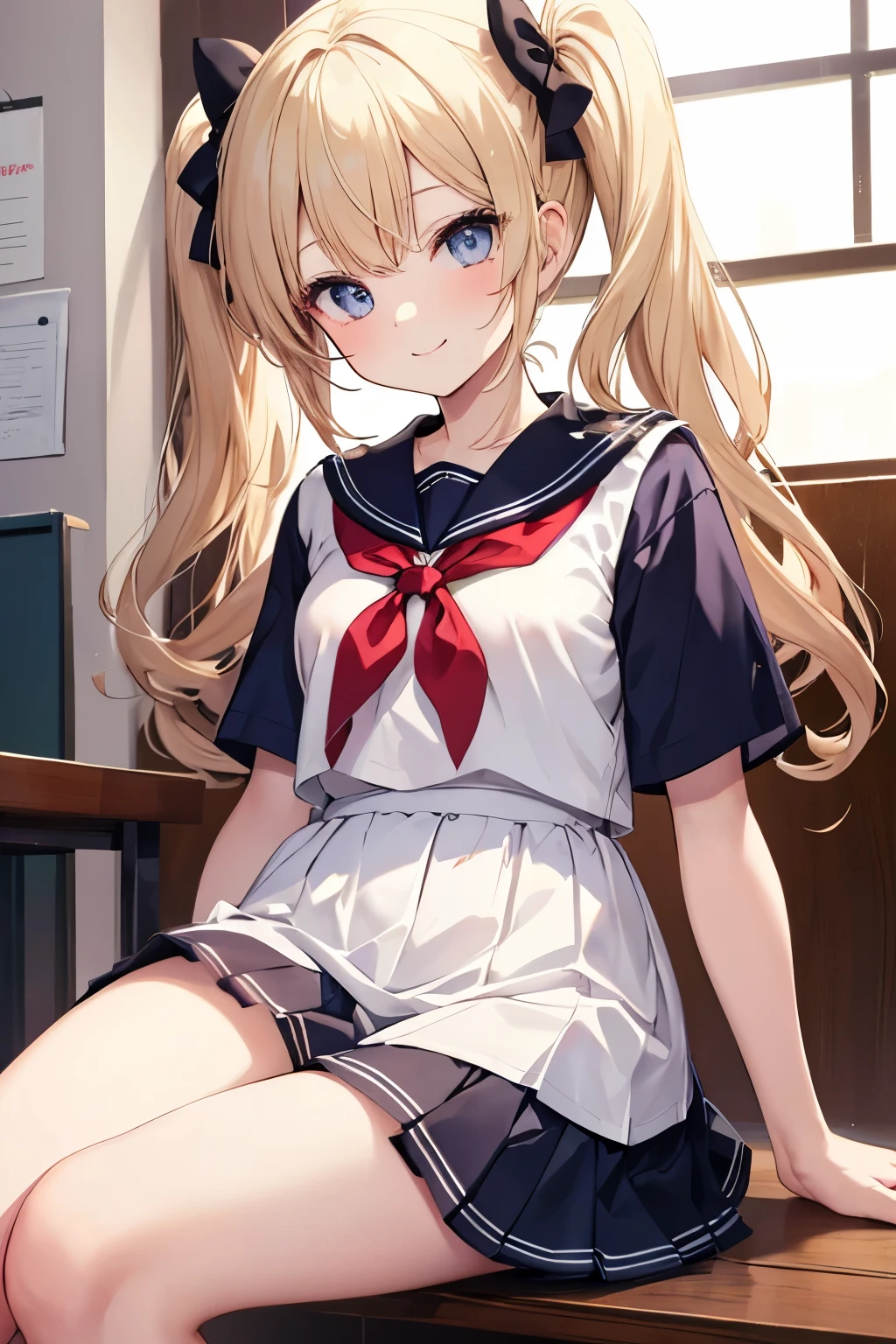 Blonde、Blue Eyes、girl、Small breasts、Twin tails、、girl、Small breasts、Lolita、Bright smile、Looks about 15 years old、Petan Musume、short、目のhighlight、Sexy thighs、School、Short-sleeved sailor suit、mini skirt、Your eyes are so beautiful、highlight