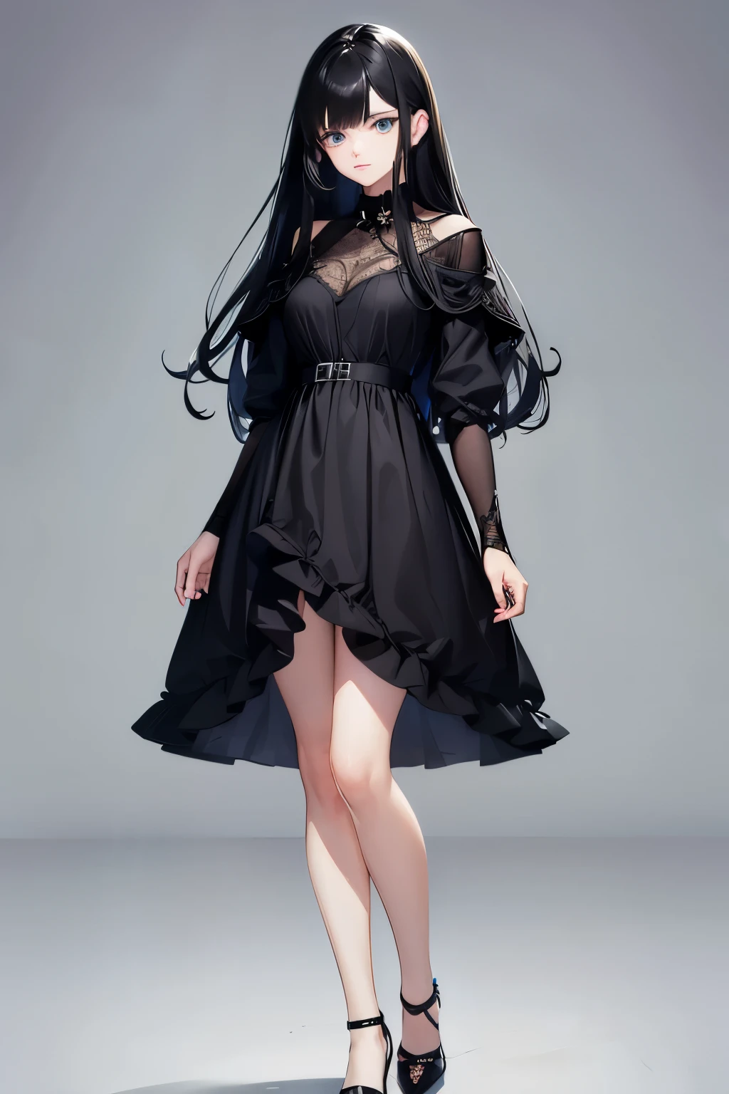 1 female, Black Hair, Blue Eyes, Delicate face, cute, Full-body portrait, Down to the shoes,Are standing,long hair,cute,Black dress,Ultra HD, masterpiece, highest quality, Super detailed, Accurate