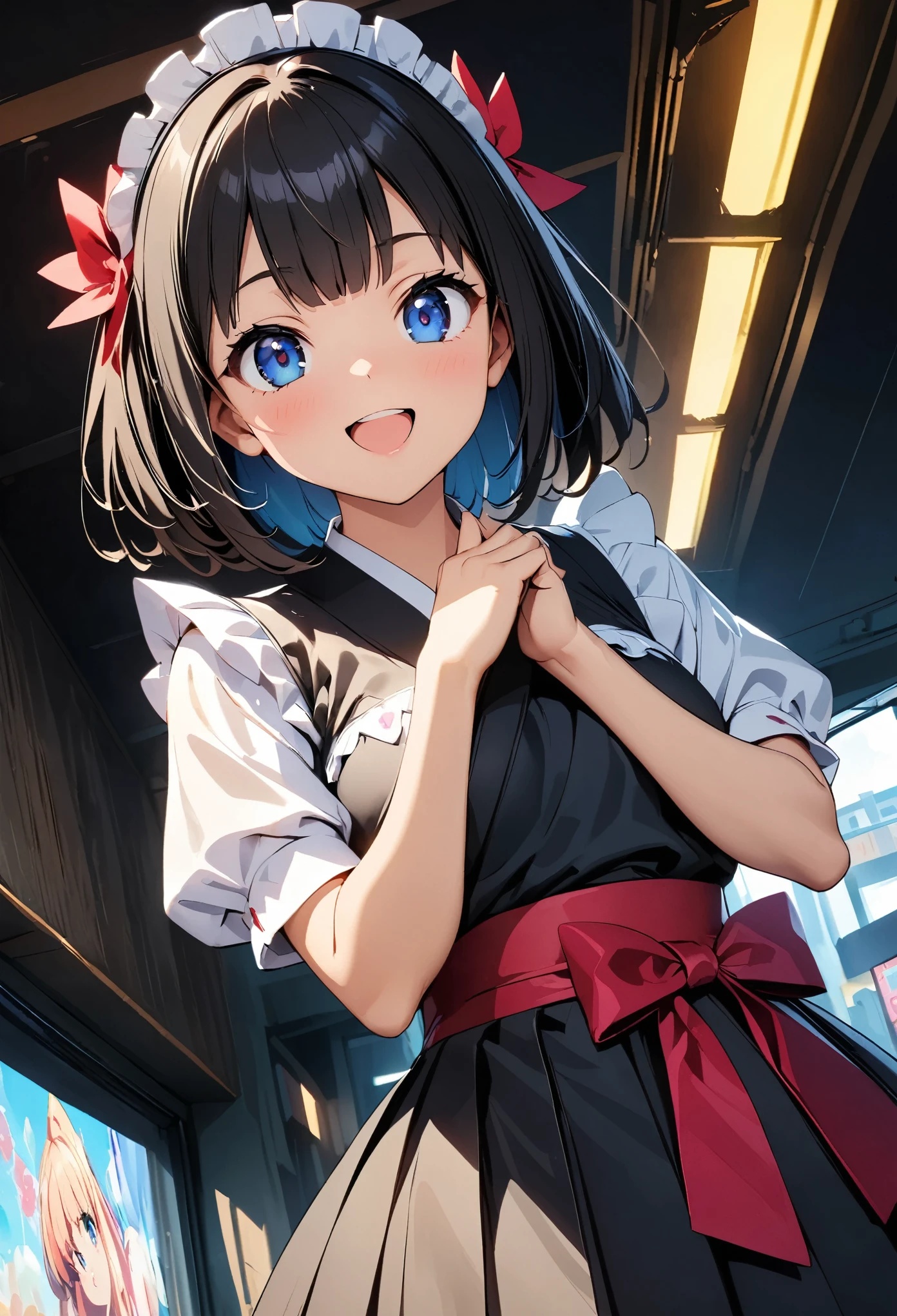 (highest quality:1.2, 4K, 8k, Studio Anime, Very detailed, up to date, Vibrant, High detail, High Contrast, masterpiece:1.2, highest quality, Best aesthetics), (((1 girl))), Stand and pose, Maid, Maid服, Japanese clothing, 和服とMaid服の見事な融合:1.2, Mini kimono, Frills, Open your mouth slightly:1.2, smile, Dynamic Angle, Low - Angle:1.3, Friendly atmosphere, Put your hands up, Fun and young々Shii々Cool vibe, Precision and focus, Striking contrast,