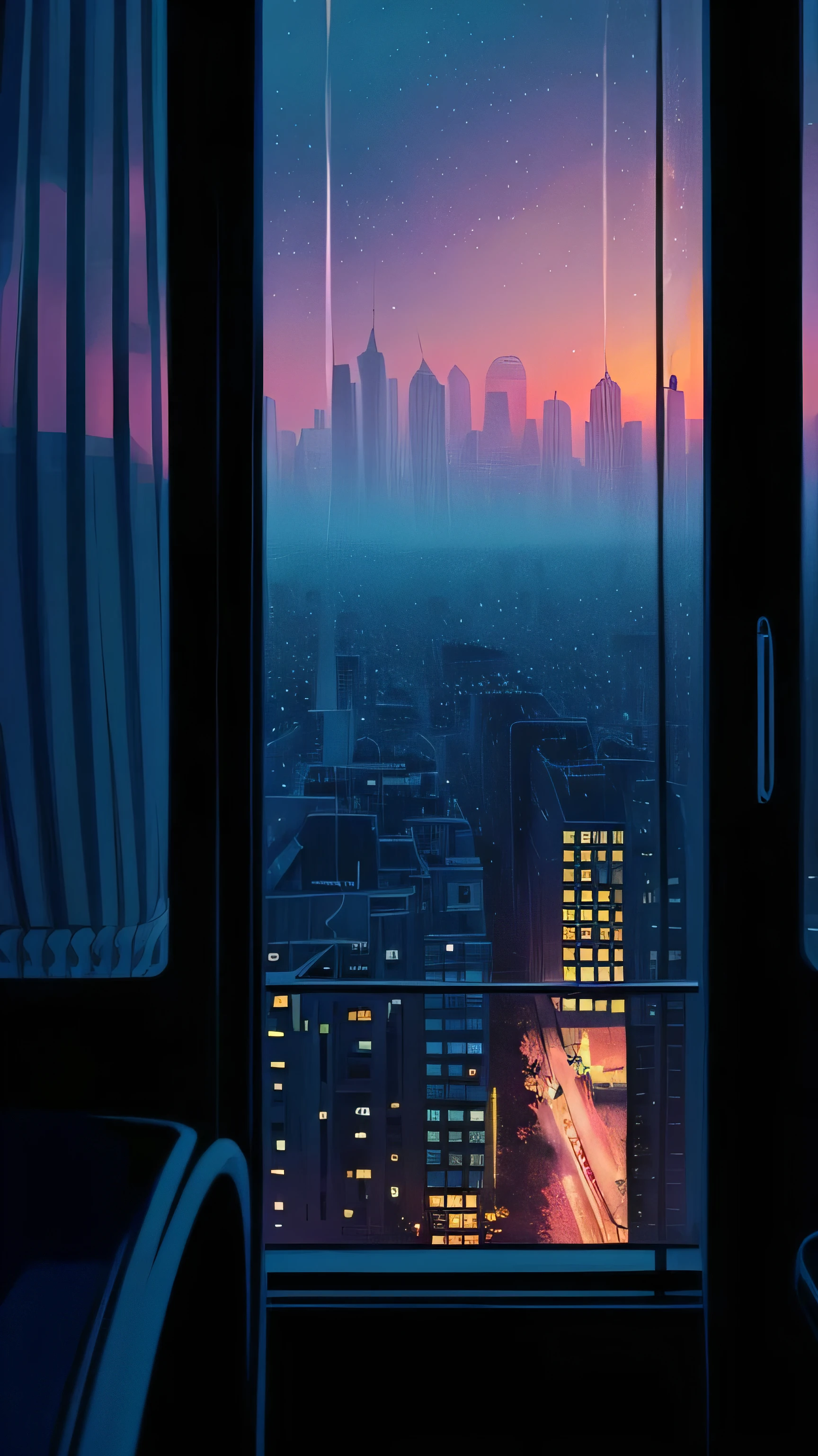 a woman sitting on a coach in front of a window cityscape, a digital painting inspired by Alena Aenami, pixiv, realism, calm night. digital illustration, blurred and dreamy illustration, blues, blurry and dreamy illustration, artistic. alena aenami, keyframe illustration, dreamy illustration, lo-fi illustration style, style of alena aenami