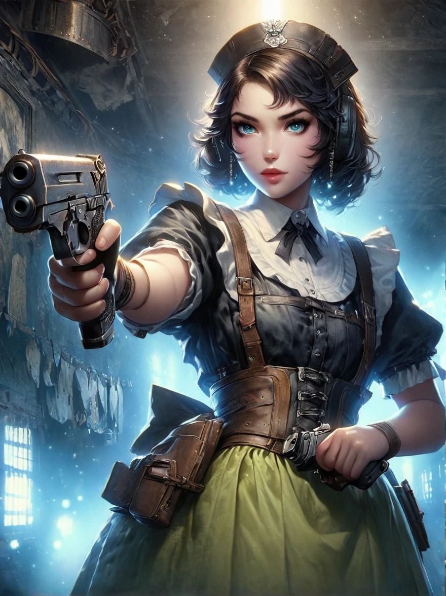 Realistic portraits of Soviet maids in an old photo studio, Maid costume, Right hand holding the gun,The gun is pointed at you,dark light, heavy atmosphere, Pastel colors of skirts, Light skin face, Rembrandt Light, Andrea Kowch Style,bruce munro style , Character concept design,