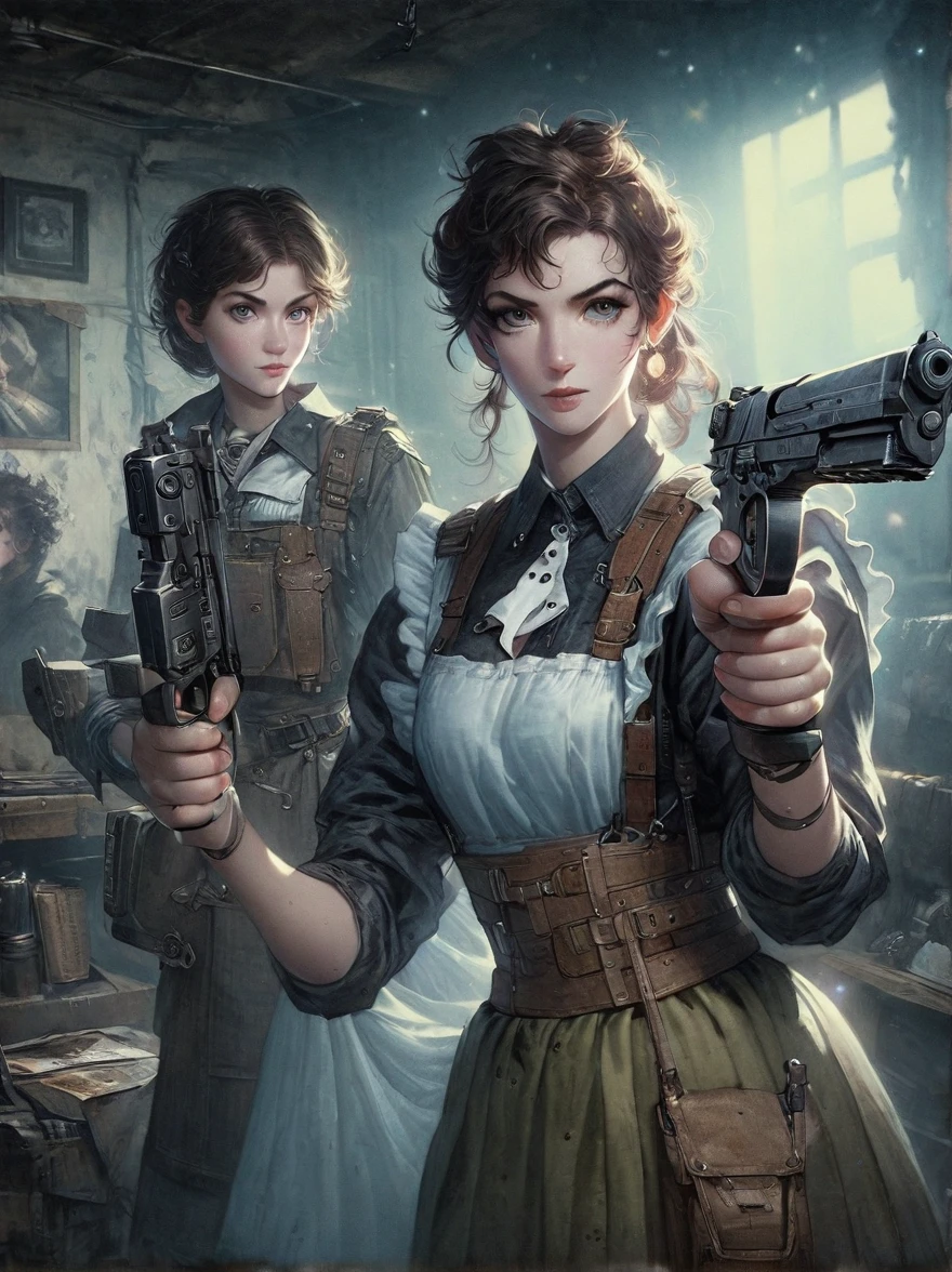 Realistic portraits of Soviet maids in an old photo studio, Maid costume, Right hand holding the gun,The gun is pointed at you,dark light, heavy atmosphere, Pastel colors of skirts, Light skin face, Rembrandt Light, Andrea Kowch Style,bruce munro style , Character concept design,