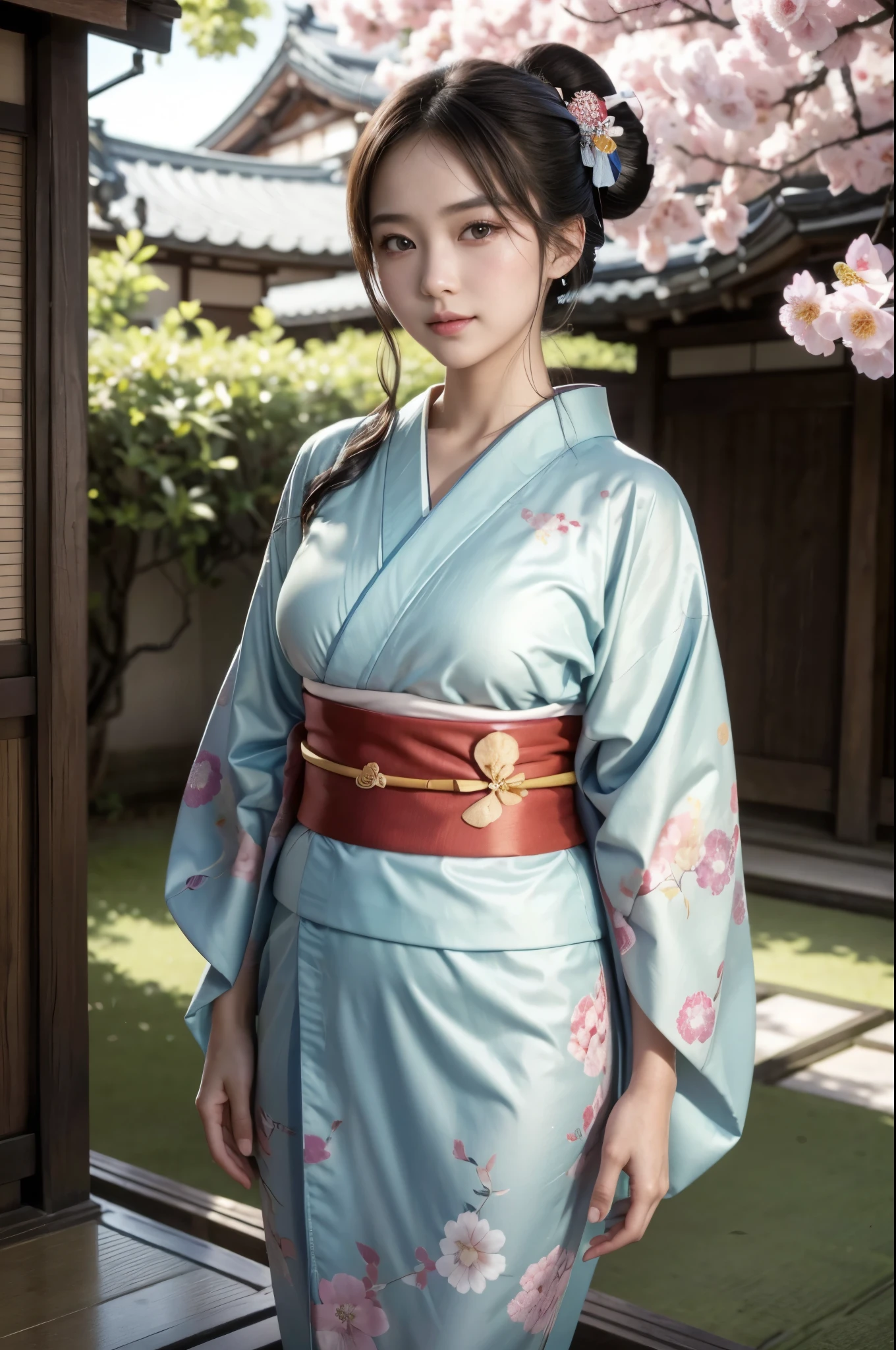 (masterpiece, highest quality, Realistic, High resolution, photograph, :1.3), Sharp focus, 1 Cute Japanese Girl, Hot Model, Highly detailed eyes and pupils, Realistic Skin, Highly detailed hair, Delicate face, Sensual look, Bright lips, Natural Lip, ((whole body shot)), standing pose, smile, (Kimono:1.5), (Floral:1.2), ((sash)), ((obi)), outside of home, (Japanese Style Country), full body,