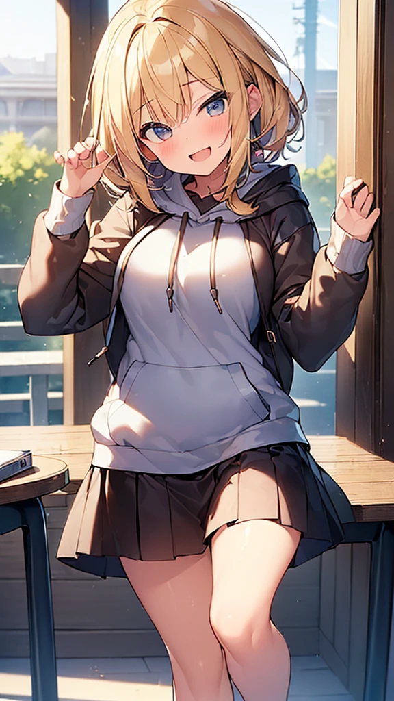 (Masterpiece, Top quality: 1.5), (Hip Length large hoodie:1.4) , 1 beautiful girl, solo, blond hair, short hair, wave hair, (:1.2), medium breasts, standard weight, smile:1.2, blush:1.4, open mouth, dynamic pose, beautiful scene, magnificent panorama view
